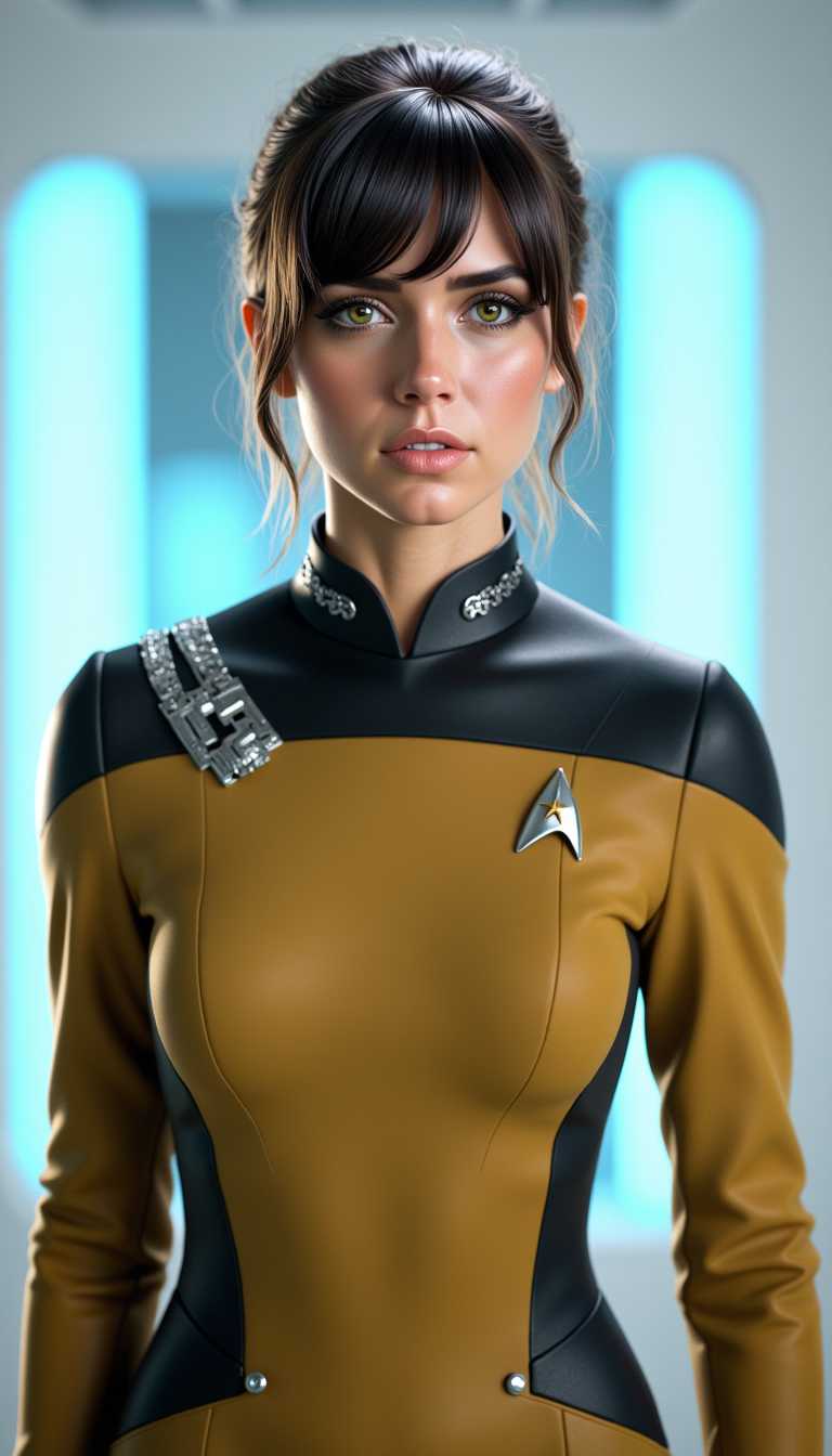 a photo of ANA$, This image is a woman from star trek, with a large bust,indicated by the lighting and the smoothness of the textures. The art style is realistic with a touch of science fiction, as suggested by the uniform and the insignia on the chest. The medium appears to be a computergenerated 3D model, given the high level of detail and the way light interacts with the surfaces.The colors in the image are primarily cool tones, with a predominance of blues and grays. The uniform is a light tan with a black collar and shoulder panels, which gives it a professional and futuristic look. The insignia on the uniform is metallic, with shades of silver and hints of gold, which adds to the hightech aesthetic. The background is a soft white with subtle blue highlights, which gives the impression of a clean, sterile environment typical of a spaceship interior.There are no discernible objects in the image aside from the uniformed figure, which is the central focus. The figures hair is styled in a short, neat manner, and the lighting accentuates the contours of the uniform and the figures posture, giving the image a sense of depth and realism.