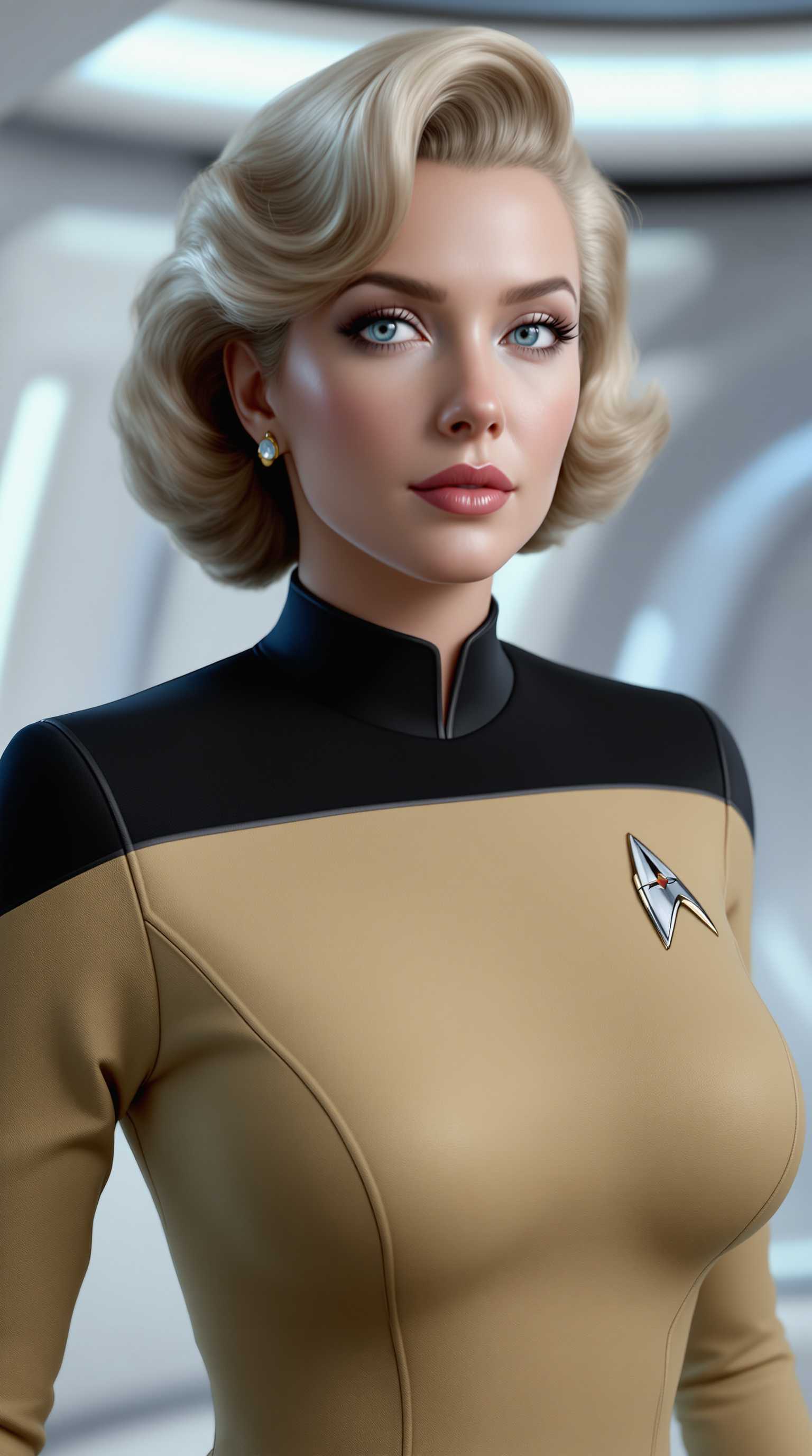 a photo of Marilyn Monroe,  This image is a woman from star trek, with a large bust,indicated by the lighting and the smoothness of the textures. The art style is realistic with a touch of science fiction, as suggested by the uniform and the insignia on the chest. The medium appears to be a computergenerated 3D model, given the high level of detail and the way light interacts with the surfaces.The colors in the image are primarily cool tones, with a predominance of blues and grays. The uniform is a light tan with a black collar and shoulder panels, which gives it a professional and futuristic look. The insignia on the uniform is metallic, with shades of silver and hints of gold, which adds to the hightech aesthetic. The background is a soft white with subtle blue highlights, which gives the impression of a clean, sterile environment typical of a spaceship interior.There are no discernible objects in the image aside from the uniformed figure, which is the central focus. The figures hair is styled in a short, neat manner, and the lighting accentuates the contours of the uniform and the figures posture, giving the image a sense of depth and realism.