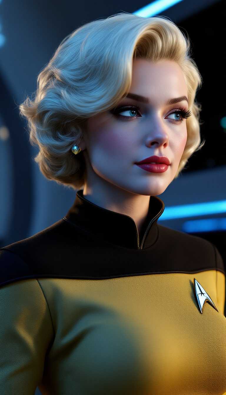 Stylish Blonde Woman in Star Trek Uniform