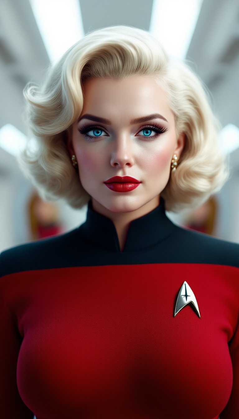 Stylish Woman in Red Star Trek Uniform with Blonde Hair and Blue Eyes
