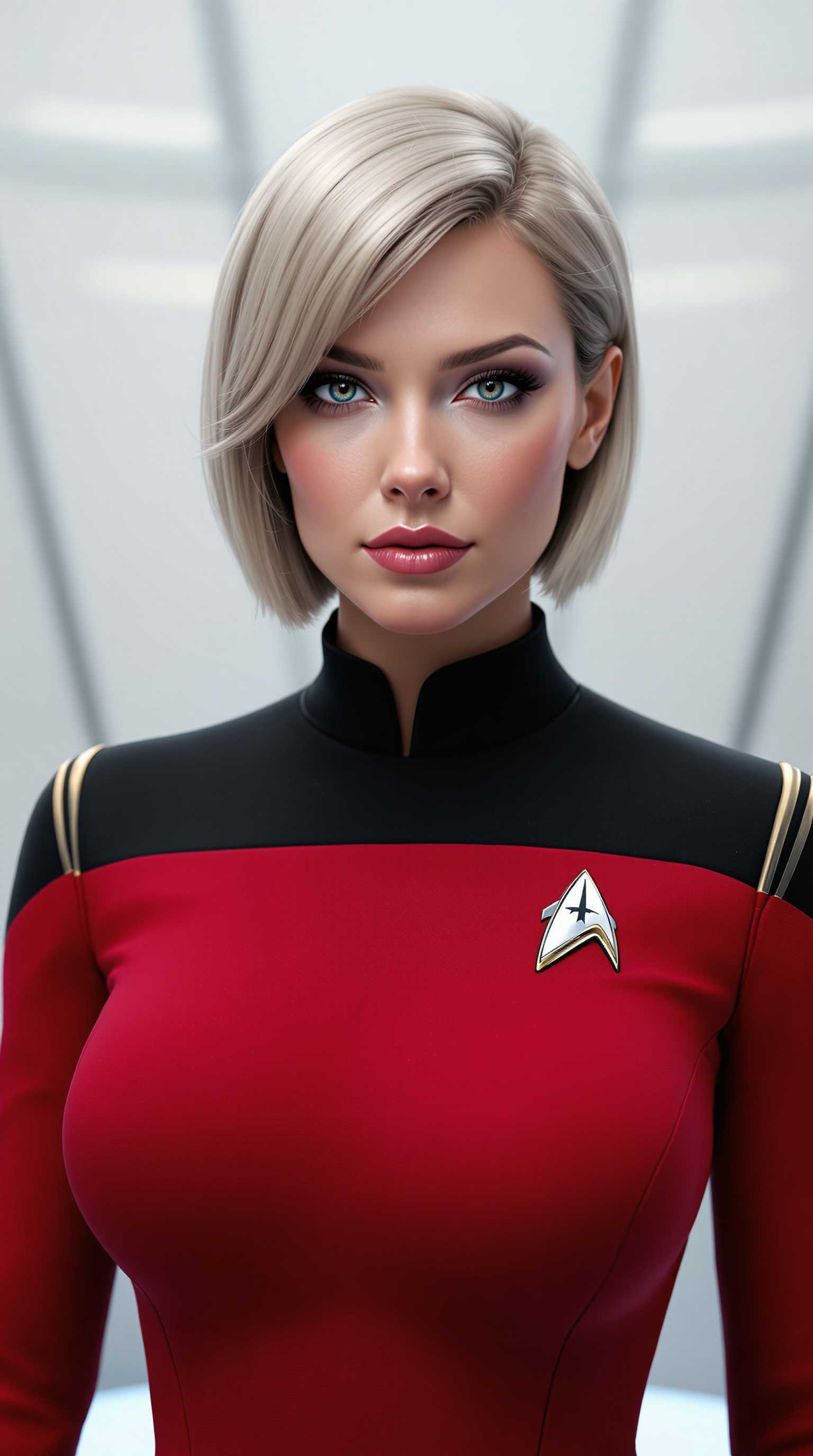 a photo of Tayler Swift,This image is a woman from star trek, with a large bust,indicated by the lighting and the smoothness of the textures. The art style is realistic with a touch of science fiction, as suggested by the uniform and the insignia on the chest. The medium appears to be a computergenerated 3D model, given the high level of detail and the way light interacts with the surfaces.The colors in the image are primarily cool tones, with a predominance of blues and grays. The uniform is red with a black collar and shoulder panels, which gives it a professional and futuristic look. The insignia on the uniform is metallic, with shades of silver and hints of gold, which adds to the hightech aesthetic. The background is a soft white with subtle blue highlights, which gives the impression of a clean, sterile environment typical of a spaceship interior.There are no discernible objects in the image aside from the uniformed figure, which is the central focus. The figures hair is styled in a short, neat manner, and the lighting accentuates the contours of the uniform and the figures posture, giving the image a sense of depth and realism.