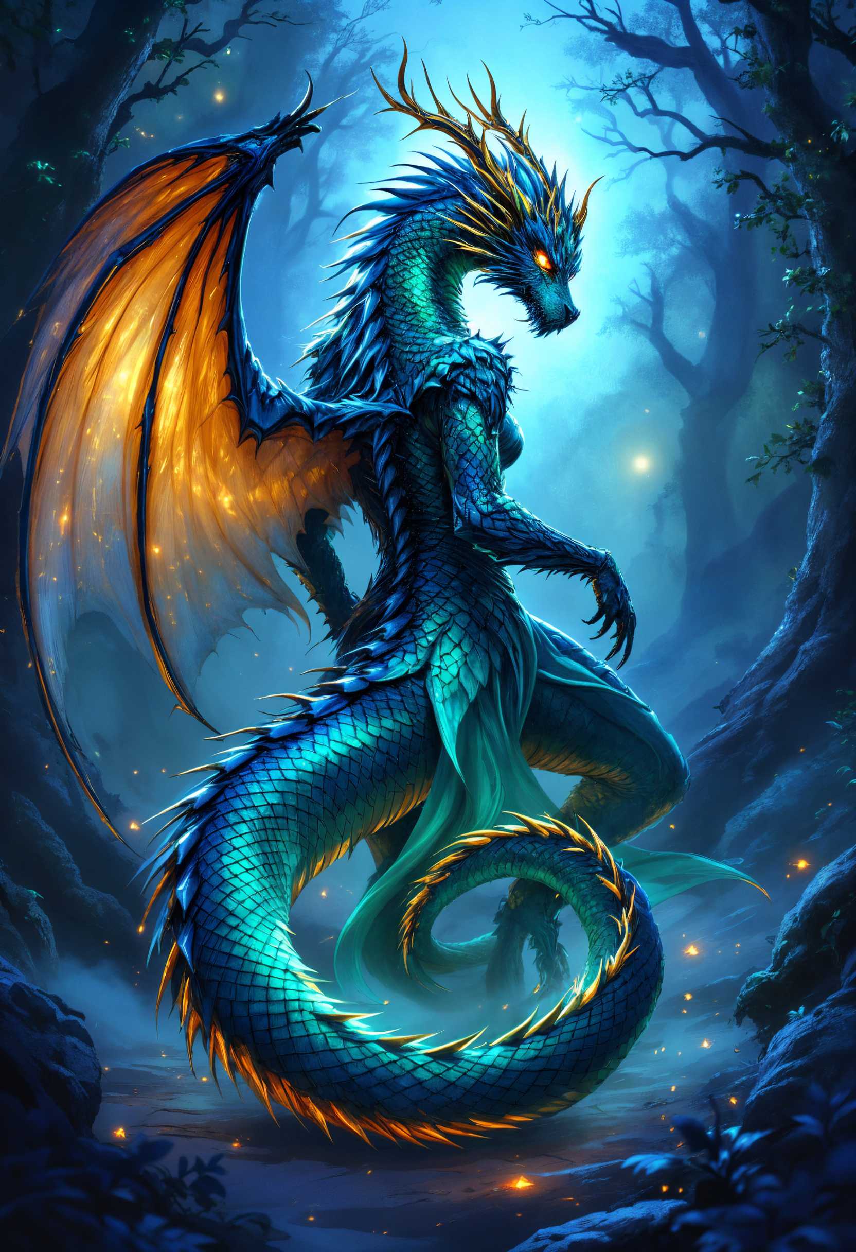A captivating illustration of a fierce dragon lady character, embodying a blend of elegance and menace. She features intricate scales with a dazzling gradient of emerald green and deep sapphire blue, shimmering under ethereal lighting. Her formidable dragon tail curls around her, showcasing detailed textures and sharp, pointed accents. Towering wings extend from her back, elegantly draped and resplendent with shimmering feathers, casting dramatic shadows on the ground. The composition captures her in a dynamic pose, head slightly tilted, with piercing, glowing eyes that exude an aura of malevolence. The background is a moody, enchanted forest bathed in twilight, shrouded in mist, enhancing the mysterious and ominous atmosphere. The overall style is reminiscent of high-fantasy anime, with vivid colors and a striking contrast between light and dark elements to amplify her intimidating presence.