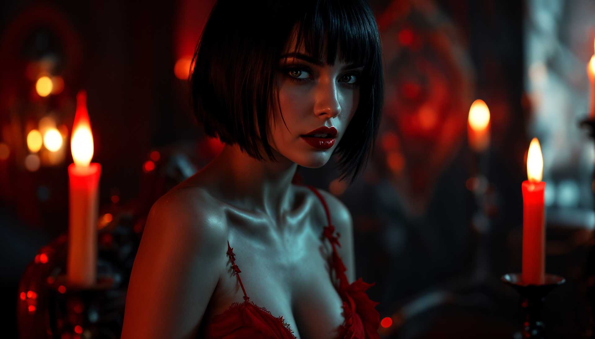 masterpiece, best quality, highres, sharp image, more detail, A captivating vampire femme fatale with sleek, short hair, exuding a sultry allure. She wears a striking, red dress that is dramatically ripped at the edges, revealing glimpses of her pale skin beneath. Her expression is a tantalizing blend of ecstasy and longing, accentuated by piercing eyes that yearn for more blood. The scene is set in a dimly lit, gothic environment, with flickering candlelight casting shadows that dance across her figure. The atmosphere is charged with tension and desire, enhanced by a deep crimson backdrop that amplifies the intensity of her emotion. The composition draws the viewer in, capturing her in a slight profile to showcase her alluring curve while keeping the background blurred for a sense of isolation. The overall mood is dark, erotic, and hauntingly beautiful, evoking a sense of desperation for the thrill of the chase.