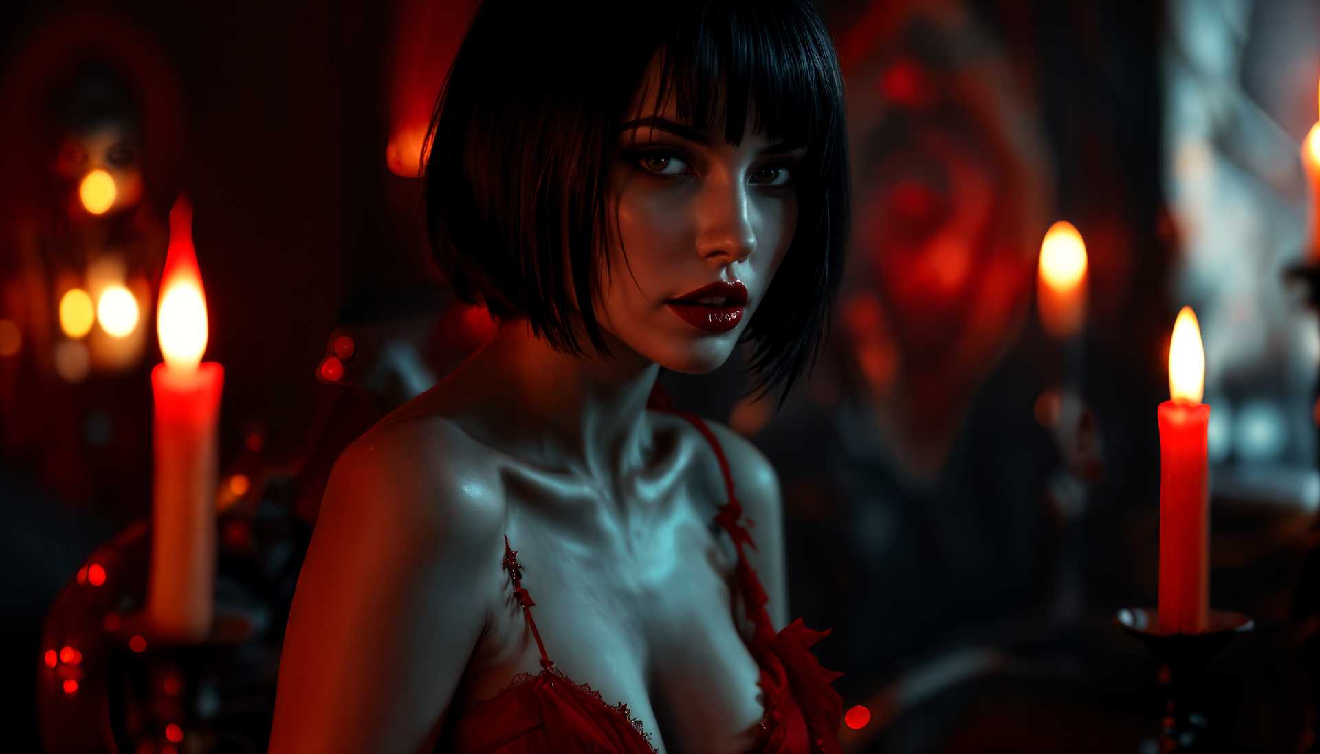 AI-generated image: masterpiece, best quality, highres, sharp image, more detail, A captivating vampire femme fatale wit