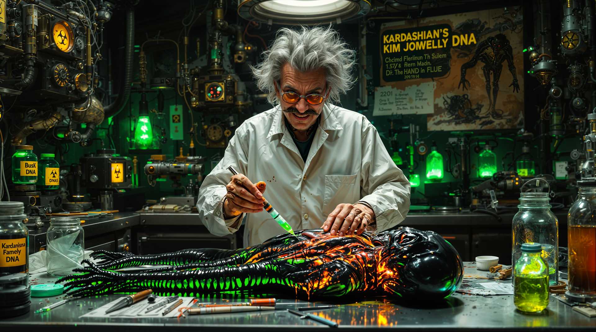 AI-generated image: Cinematic, photographic, hyperrealistic, real, 8K. A wide body shot of a sinister and eccentric scie