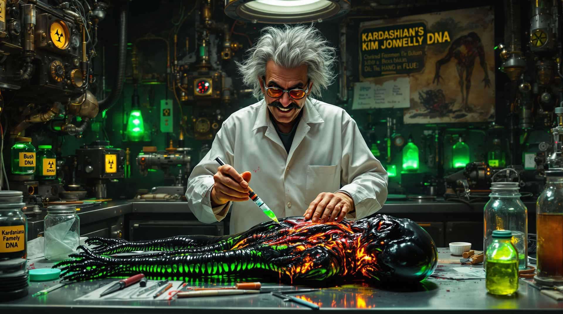 Cinematic, photographic, hyperrealistic, real, 8K. A wide body shot of a sinister and eccentric scientist, Dr. Brain Lowett, now in his surgical room, standing over an alien body laid out on a steel surgical table. He is in the middle of dissecting the creature, which resembles an H.R. Giger-inspired black alien with acidic green toxic blood seeping from its wounds. The alien’s body is grotesquely complex, its twisted features clearly illuminated by the flickering overhead lights. Dr. Lowett’s gleaming eyes are intense, filled with madness as he continues his work, a twisted grin spreading across his face.

 A large yellow label on one jar  that reads Kardashian`s DNA, adorned with a bio hazard symbol.
   "A prominent glass jar that reads Bush Famely DNA.
    A small jar marked with the text  that reads  Kim Jong Un DNA.

A large worn torn poster on the wall, with big text that reads, Karolina,Tsunami, Kardashian`s, Corona, Chernobyl, Spanish Flue.
Surgical tools are scattered around him, along with advanced machinery and alien artifacts, all part of his chaotic operation. retro-futuristic sci-fi gear, enhancing his precision as he cuts into the alien’s body with disturbing care. The surgical room is a mix of old-fashioned, steampunk style and alien technology, with gleaming steel surfaces and intricate, almost otherworldly devices in the background.

Around the room, on the walls, are numerous jars of alien body parts and brains—tightly sealed, glowing with eerie, fluorescent light. strange labels on them.

Dr. Lowett’s left hand holds a syringe filled with vibrant toxic green liquid, the needle long and thin. In his right hand, he grips a vial containing a swirling orange liquid, within which a small alien creature floats, its essence pulled toward the strange, glowing liquid.

Dr. Lowett’s hair 1/2 long, stands wild in the air, is dark gray with white streaks, wild and untamed like Einstein’s, with the top third neatly cropped. A thin Mordecai-style mustache rests above his sinister grin. Despite wearing his surgical attire, his appearance remains just as unsettling. He wears a crisp white surgical coat, stained with smudges of alien blood and vibrant glowing powders. His coat is frayed at the edges, with sleeves pushed up to his elbows, showing his chaotic and disheveled nature even in the operating room. His smoke-tinted glasses with silver frames catch the reflections of green and orange glows from the surrounding alien technology and glowing liquids.

The laboratory around him is bathed in eerie green and orange glows from malfunctioning machines, casting unsettling shadows on the grimy walls. Exposed wires crackle with sparks, adding chaotic bursts of light to the scene. rust, verdigris cobber, cracled paint, cracks in walls, 

Lowett's maniacal grin and laughter echo through the room as he dissects the alien body, reveling in the twisted brilliance of his creations, a chilling embodiment of genius and insanity.