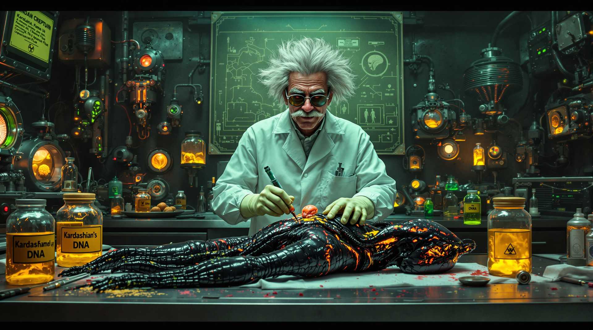 masterpiece, best quality, highres, sharp image, more detail <lora:more_details:0.5> <lora:SDXLrender_v2.0:1>, Cinematic, photographic, hyperrealistic, real, 8K. A wide body shot of a sinister and eccentric scientist, Dr. Brain Lowett, now in his surgical room, standing over an alien body laid out on a steel surgical table. He is in the middle of dissecting the creature, which resembles an H.R. Giger-inspired black alien with acidic green toxic blood seeping from its wounds. The alien’s body is grotesquely complex, its twisted features clearly illuminated by the flickering overhead lights. Dr. Lowett’s gleaming eyes are intense, filled with madness as he continues his work, a twisted grin spreading across his face.

 A large yellow label on one jar  that reads  `Kardashian`s DNA, adorned with a bio hazard symbol.
   "A prominent glass jar that reads `Bush Famely DNA`
    A small jar marked with the text  that reads  `Kim Jong Un DNA`, adding to the collection of eerie specimens.

A large blueprint hanging on the wall, displaying bold text that reads `Karolina,Tsunami, Kardashian`s, Corona, Chernobyl, Spanish Flue`.
Surgical tools are scattered around him, along with advanced machinery and alien artifacts, all part of his chaotic operation. retro-futuristic sci-fi gear, enhancing his precision as he cuts into the alien’s body with disturbing care. The surgical room is a mix of old-fashioned, steampunk style and alien technology, with gleaming steel surfaces and intricate, almost otherworldly devices in the background.

Around the room, on the walls, are numerous jars of alien body parts and brains—tightly sealed, glowing with eerie, fluorescent light. strange labels on them.

Dr. Lowett’s left hand holds a syringe filled with vibrant toxic green liquid, the needle long and thin. In his right hand, he grips a vial containing a swirling orange liquid, within which a small alien creature floats, its essence pulled toward the strange, glowing liquid.

Dr. Lowett’s hair 1/2 long, stands wild in the air, is dark gray with white streaks, wild and untamed like Einstein’s, with the top third neatly cropped. A thin Mordecai-style mustache rests above his sinister grin. Despite wearing his surgical attire, his appearance remains just as unsettling. He wears a crisp white surgical coat, stained with smudges of alien blood and vibrant glowing powders. His coat is frayed at the edges, with sleeves pushed up to his elbows, showing his chaotic and disheveled nature even in the operating room. His smoke-tinted glasses with silver frames catch the reflections of green and orange glows from the surrounding alien technology and glowing liquids.

The laboratory around him is bathed in eerie green and orange glows from malfunctioning machines, casting unsettling shadows on the grimy walls. Exposed wires crackle with sparks, adding chaotic bursts of light to the scene. rust, verdigris cobber, cracled paint, cracks in walls, 

Lowett's maniacal grin and laughter echo through the room as he dissects the alien body, reveling in the twisted brilliance of his creations, a chilling embodiment of genius and insanity.