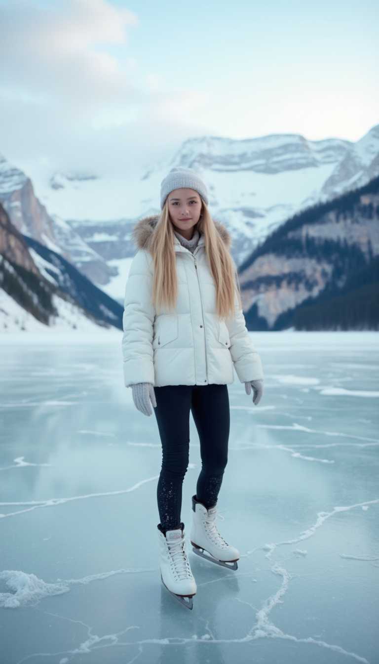 Close up of young blond woman with long blonde hair wearing white winter jacket and tight black leggings acting ice skating on a still, frozen lake nestled surrounded by snow-covered mountains that frame the skyline. Looking at viewer. The ice is clear, revealing intricate cracks that weave through its surface like delicate patterns. The sky above is a pale blue, dotted with faint clouds that drift lazily by. The scene captures the serene beauty of nature in winter.