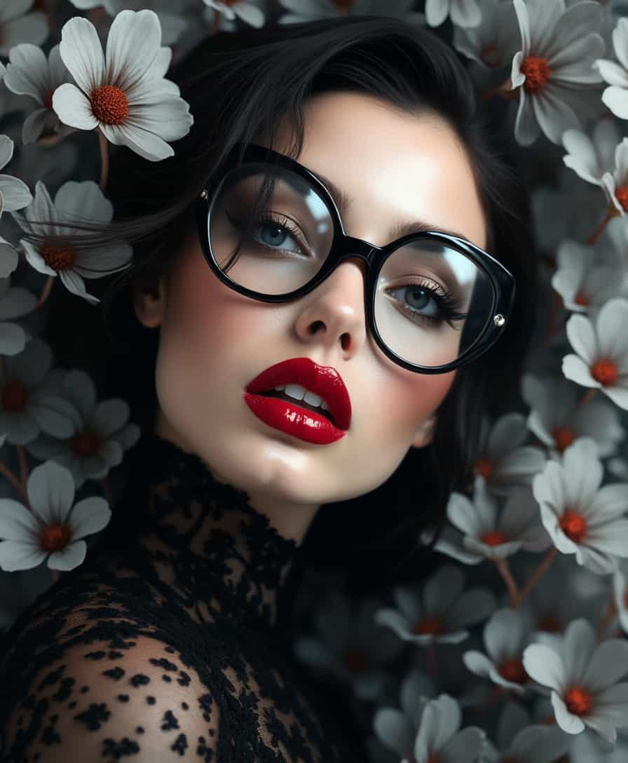  A portrait of a glamorous, seductive and inticate woman with glossy red lipstick, piercing eyes, limited color palette, four colors only: pure black, vibrant red, crisp white, and metallic grey, strict quadcolor scheme, high contrast composition, no additional colors, minimalist color design. she wears large funky glasses in a Salvador Dali styles, fashion editorial style, ethereal beauty, dramatic shadows, luxury fashion elements. zoomed out perspective, 3D effect, the subject is taking up 30% of the frame. scattered floral pattern background, layered grey flowers with depth effect, multiple planes of delicate botanical elements, tonal grey variations, soft focus background flowers creating atmospheric perspective