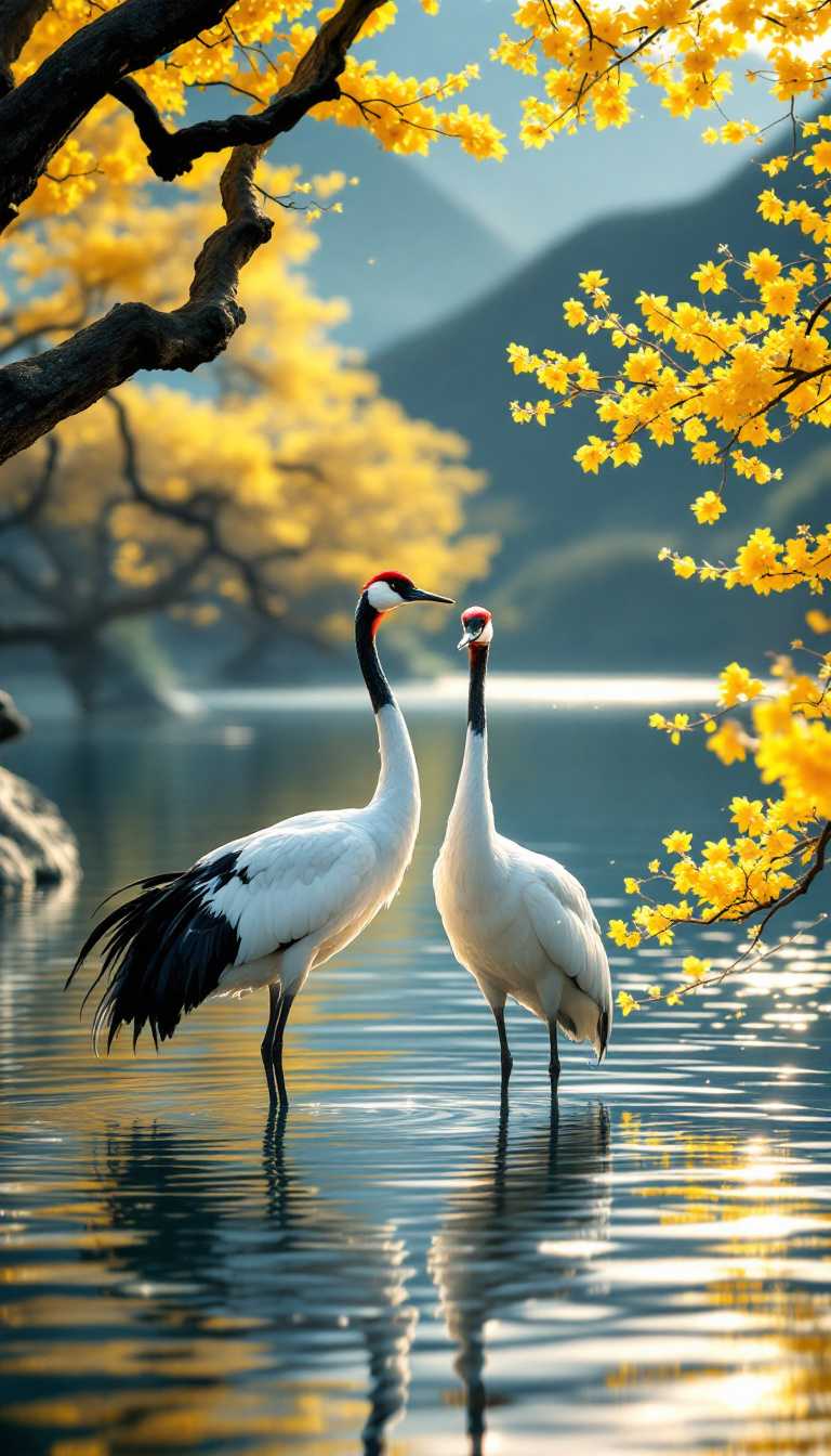 In the image, two elegant Japanese cranes stand gracefully on the shimmering surface of a tranquil lake, their long necks arched and feathers glistening in shades of white and black. The cranes are positioned slightly off-center, creating a dynamic balance within the composition. Surrounding the lake are vibrant yellow cherry trees, their blossoms gently swaying in the breeze, casting soft reflections on the water. The bark of the trees is textured and gnarled, showcasing the natural beauty of traditional Japanese landscapes. The backdrop features rolling hills, subtly blurred to emphasize the foreground elements. The lake itself is a mix of deep blues and greens, with the surface capturing the delicate hues of the cherry blossoms above. The lighting is soft and diffused, suggesting either early morning or late afternoon, with warm golden tones enriching the scene. The overall style is a blend of traditional Japanese art and realistic nature photography, evoking a sense of tranquility and harmony. Keywords: Japanese style, serene, nature, composition, dynamic balance, soft lighting, vibrant colors, tranquil lake, reflections, elegance, harmony, traditional landscape, warm tones, natural beauty.