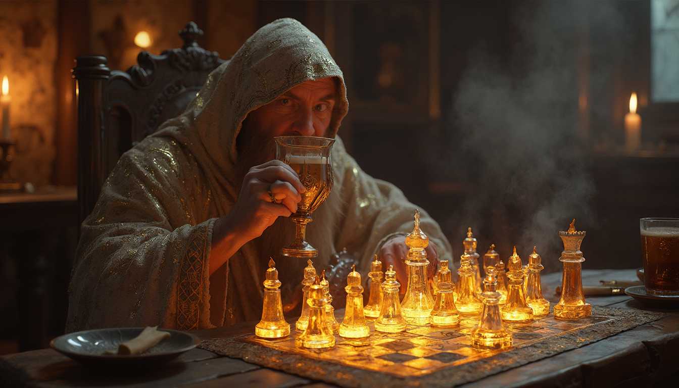 A wizard adorned in shimmering robes sits at a grand, ancient oak table in a dimly lit tavern, the air thick with the scent of aged whiskey and enchanted smoke. Glowing runes dance around him, illuminating the intricate chessboard laid before him, each piece carved from crystal and infused with magic. As he sips from his ornate goblet, the flickering candlelight casts playful shadows on the walls, revealing the stories of countless adventures that linger in the tavern's corners. The atmosphere hums with an electric tension, as the wizard ponders his next move, the fate of kingdoms resting upon the outcome of this mystical game.