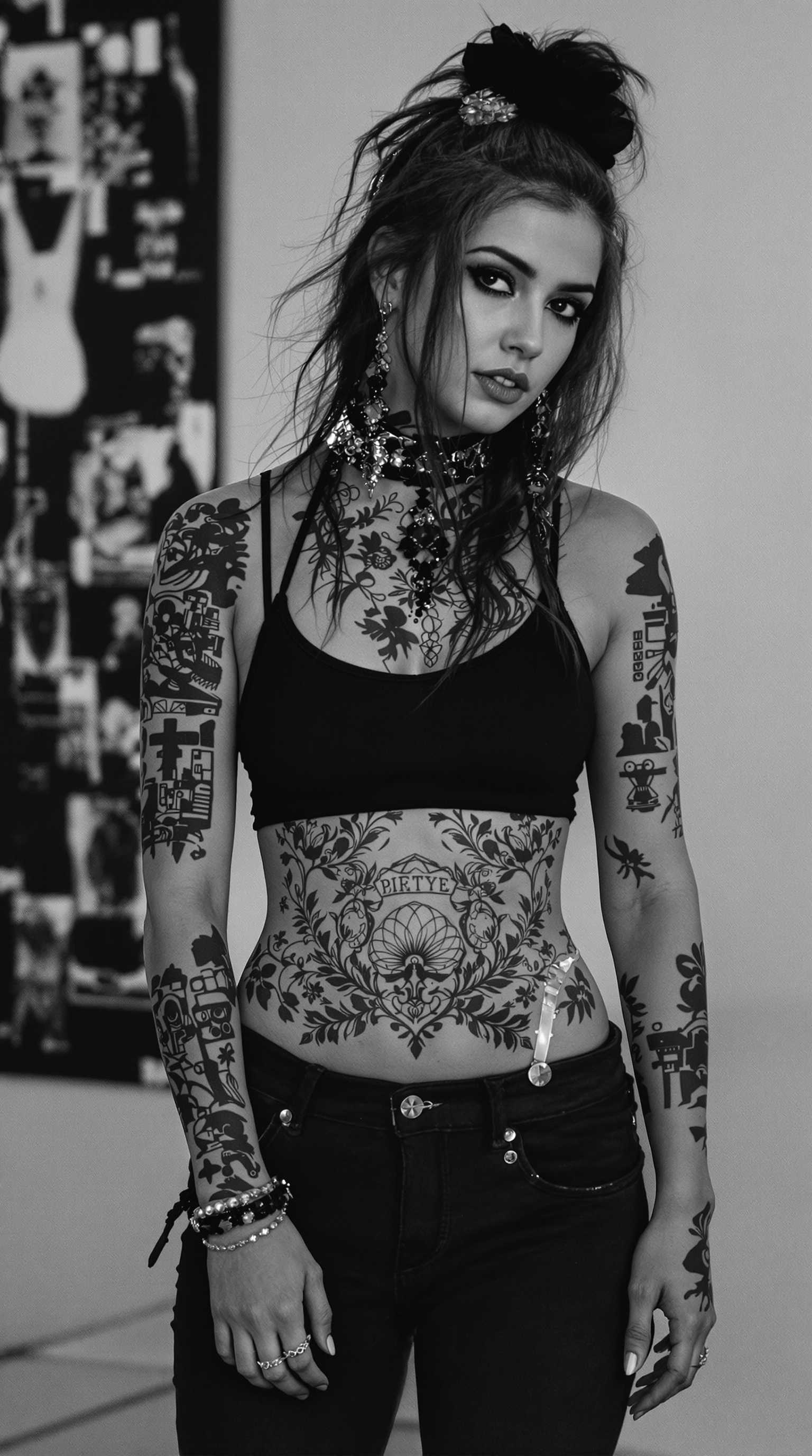 Generate black and gray picture of Chicano style girl with tattoos