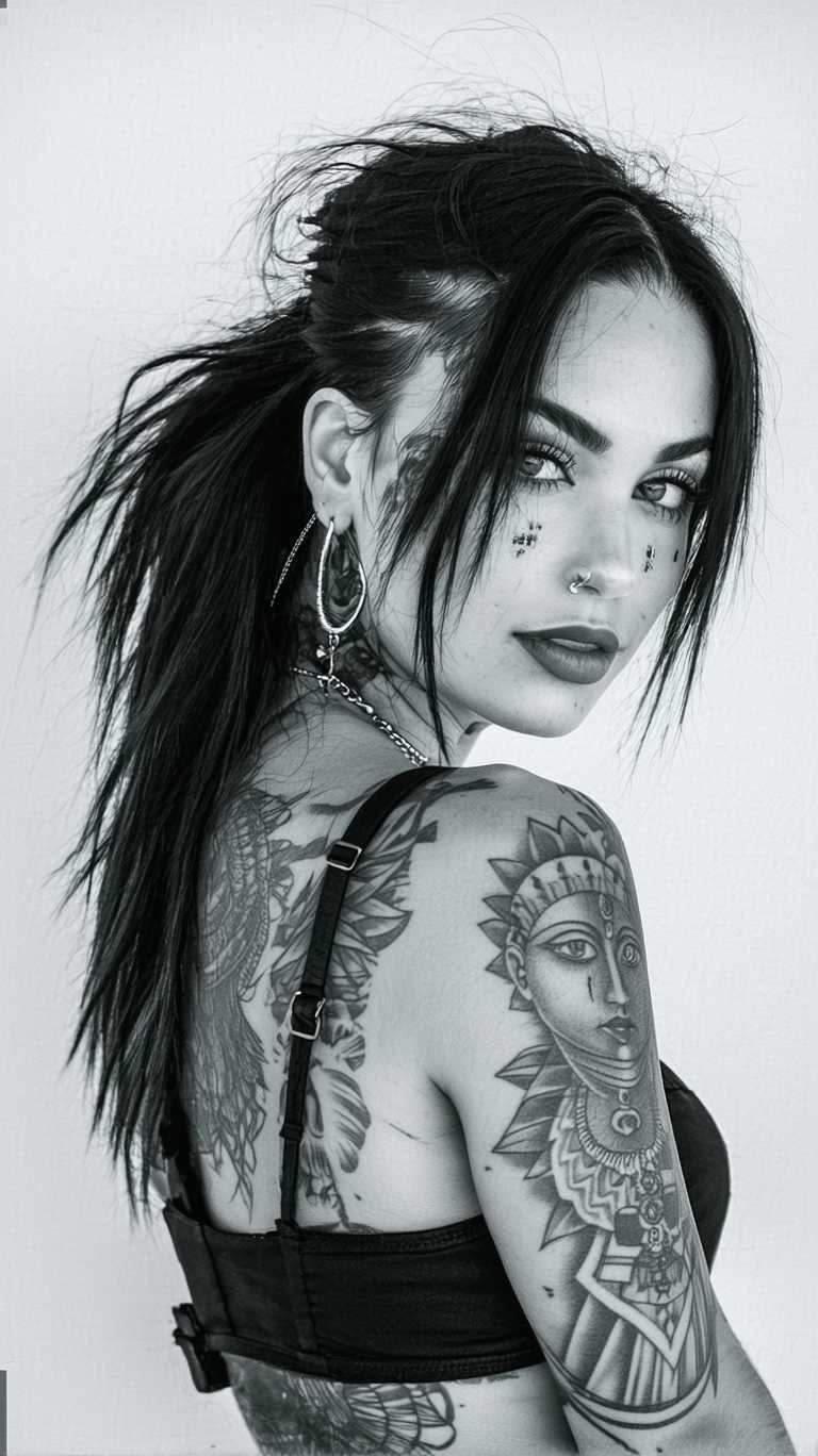 Generate black and gray picture of Chicano style girl with tattoos