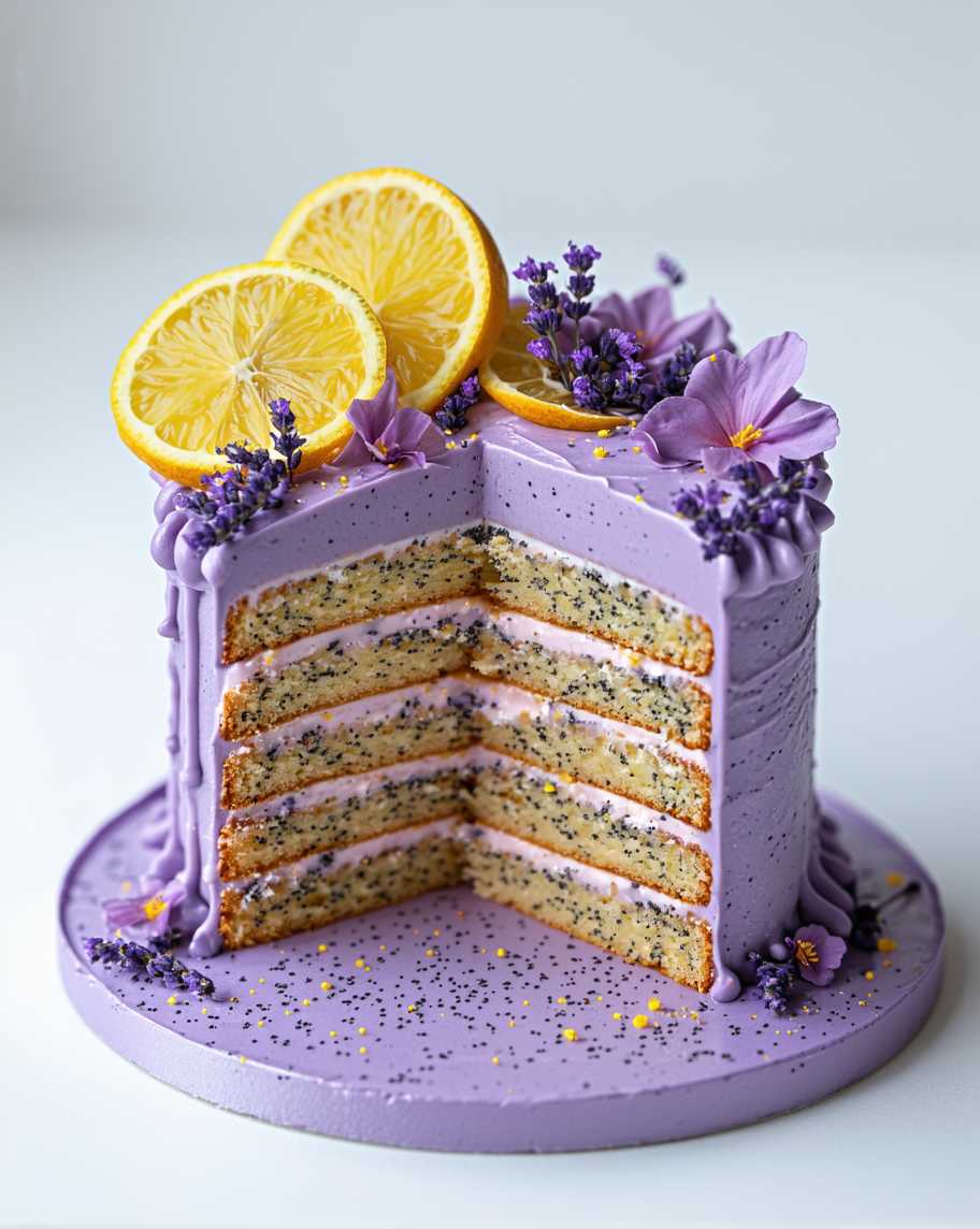 A hyper-realistic, high-detailed cake with vibrant purple layers combining the nutty flavor of poppy seeds and the rich, floral hue from lavender-infused lemon cream. The spongy cake layers are delicately flavored with lemon zest and poppy seeds, creating a light yet rich texture. The frosting is a velvety lavender-lemon cream, with a smooth, soft purple tint that beautifully contrasts the golden undertones of the cake. The cake is garnished with candied lemon peel and scattered edible purple petals, giving it a fresh, citrusy twist with a striking purple color that pops against the delicate design