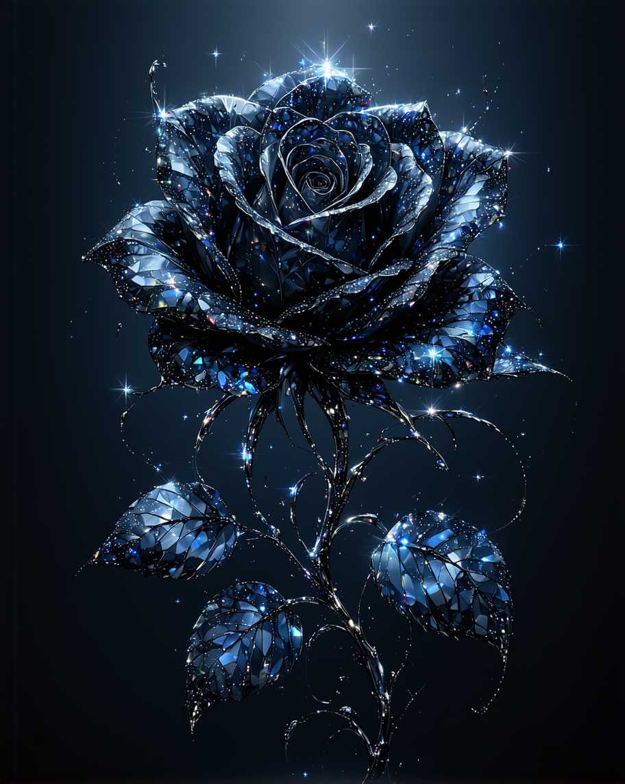 Stunning 3D Blue Rose with Sparkling Stars and Glittering Leaves
