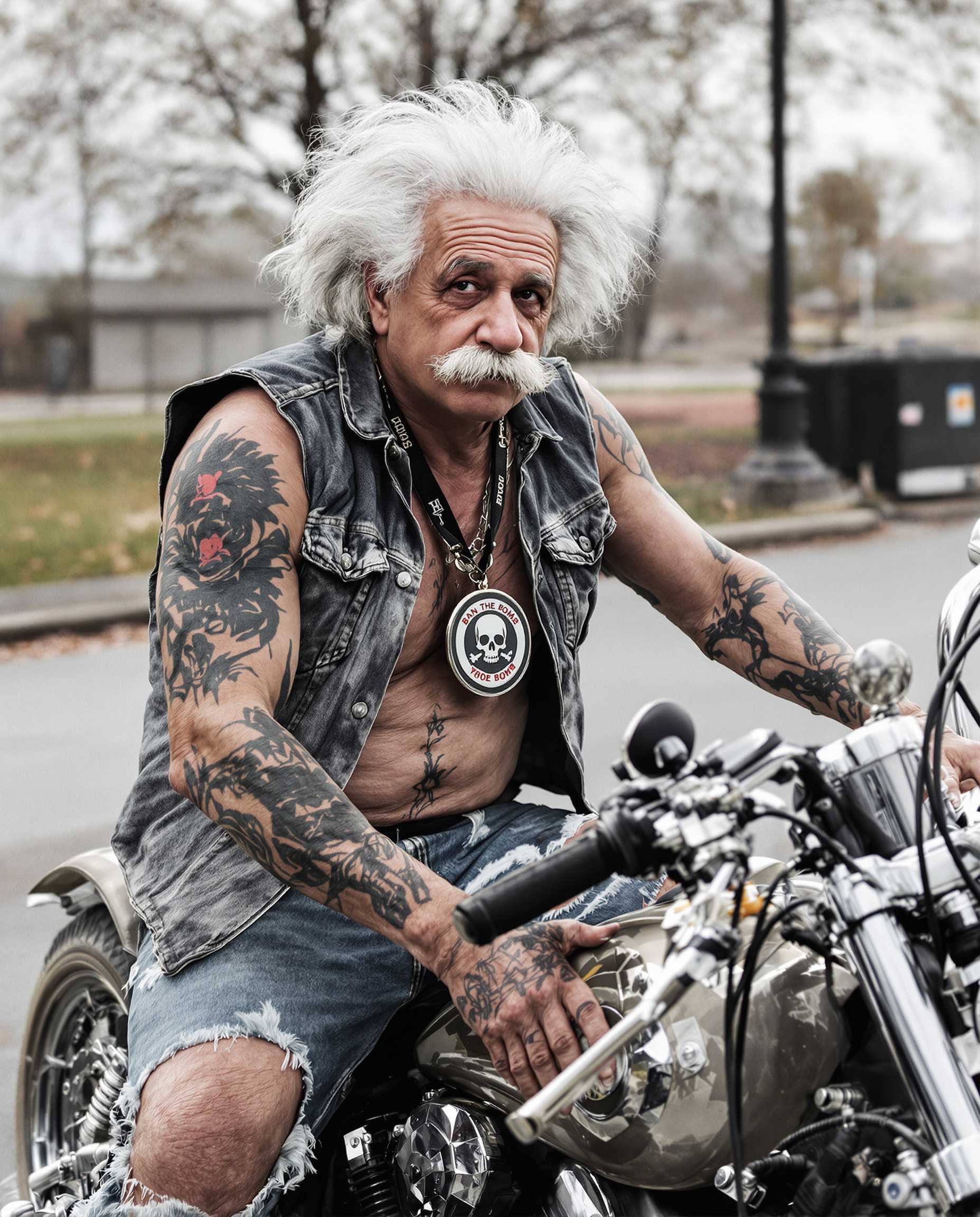 A quarter side shot of Albert Einstein as a muscular biker posing on his chopper motorcycle. He has a bushy horseshow moustache. He is wearing torn jeans and a sleeveless denim jacket exposing his heavily tattooed arms. Round his neck is large a ban-the-bomb medallion.