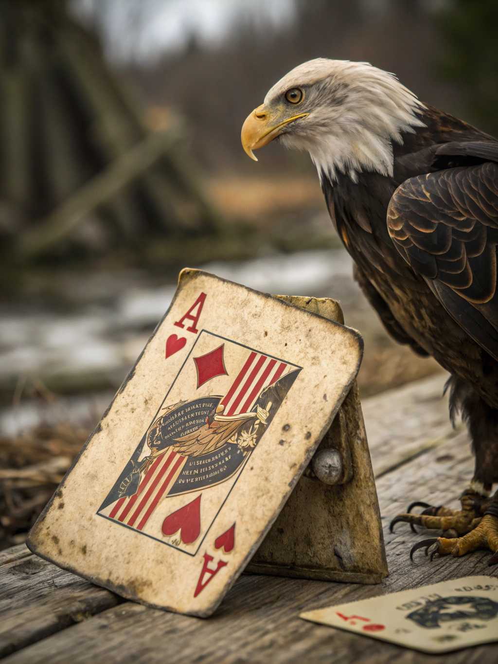 vintage playing card weathered and stained, ace of hearts, photorealistic  bald eagle, 