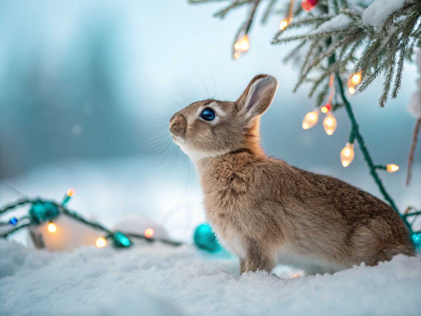 photorealistic christmas creature on snow.bokeh, snow, winter, christmas light, turquoise eyes.