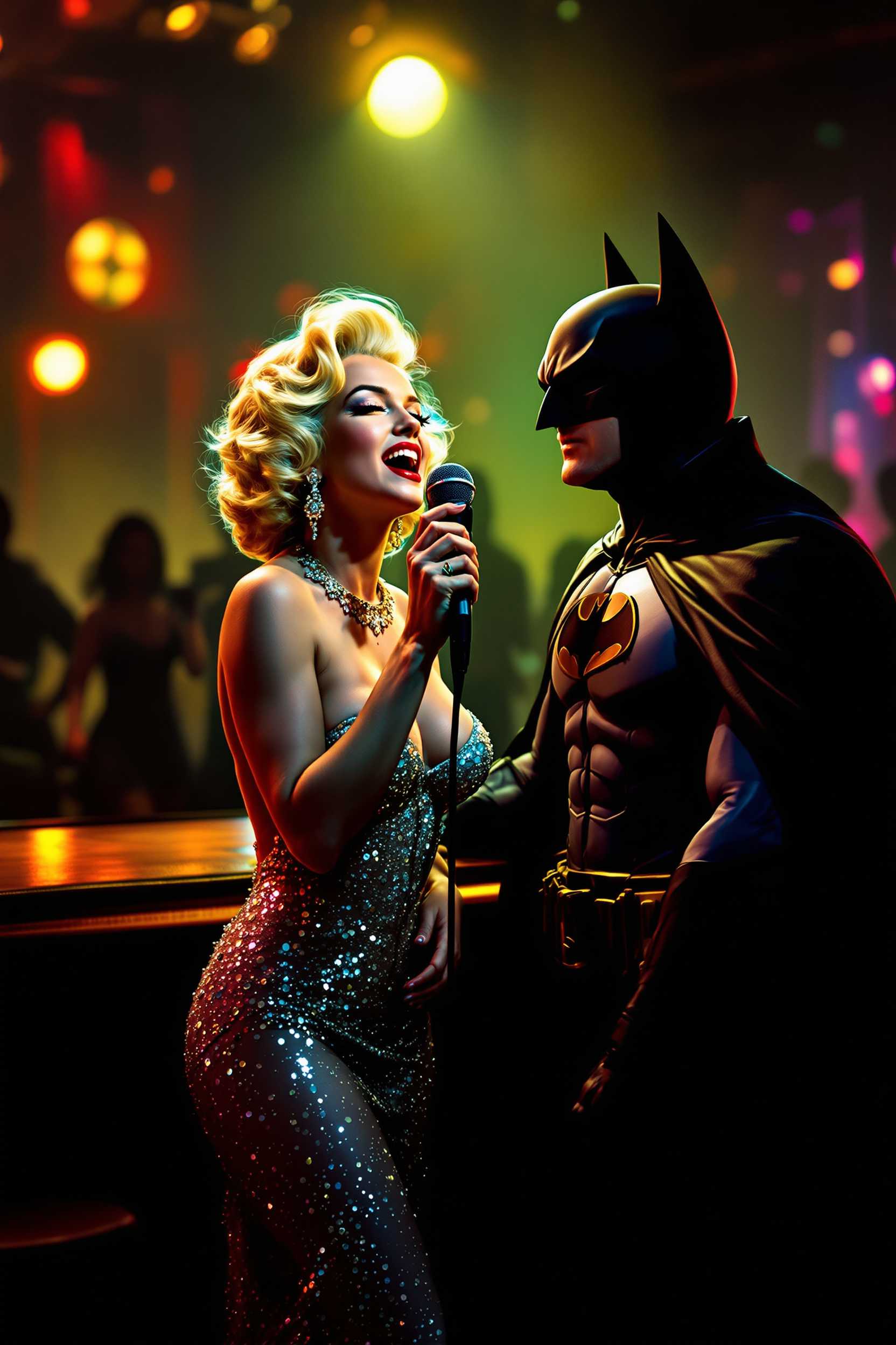 A vibrant nightclub scene featuring Marilyn Monroe, dressed in a dazzling, glamorous sequined gown, passionately singing into a vintage microphone. She is illuminated by soft, colorful stage lights that reflect off her golden hair and create a warm, inviting atmosphere. Batman stands nearby, donning his iconic dark cape and cowl, leaning against the bar with a relaxed yet captivated expression. The composition captures the dynamic between the two, with an emphasis on Monroe's charisma and the enigmatic aura of Batman. The background is filled with abstract silhouettes of the audience, adding depth and energy to the lively ambiance. The overall mood is a playful fusion of classic Hollywood glamour and comic book mystique, reminiscent of a mid-20th century film scene. The framing should evoke a sense of intimacy, as though the viewer is an unseen guest in this extraordinary moment.