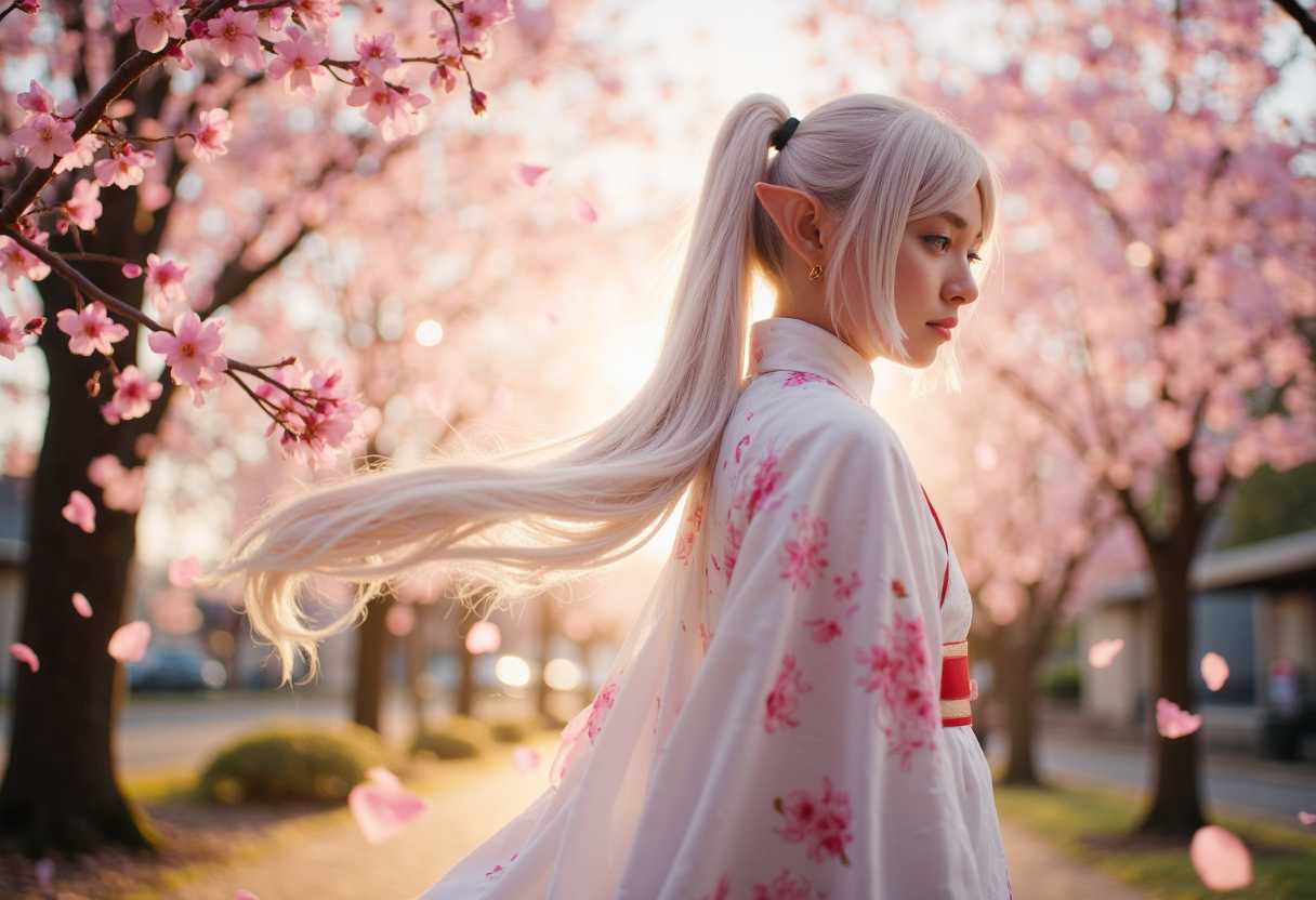 cinematic, , Frieren, nereirfpnxl, frieren, elf, pointy ears, green eyes, white hair, twintailsm, "A stunning, full-body portrait of Frieren, an enchanting female figure exuding elegance and charm. She wears a flowing white kimono adorned with delicate pink sakura blossoms, which contrast beautifully against the fabric. The intricate patterns of the sakuras are vividly detailed, showcasing a sense of grace. The composition features Frieren standing in a serene garden, with softly blurred cherry blossom trees in the background, their petals gently falling around her. The lighting is soft and warm, evoking a tranquil atmosphere, as the sun sets, casting gentle shadows. The camera angle captures her from slightly below, enhancing her stature and beauty, with a focus on the subtle textures of her kimono and the natural elements surrounding her. The overall mood is one of serenity and allure, inviting the viewer into this enchanting moment."