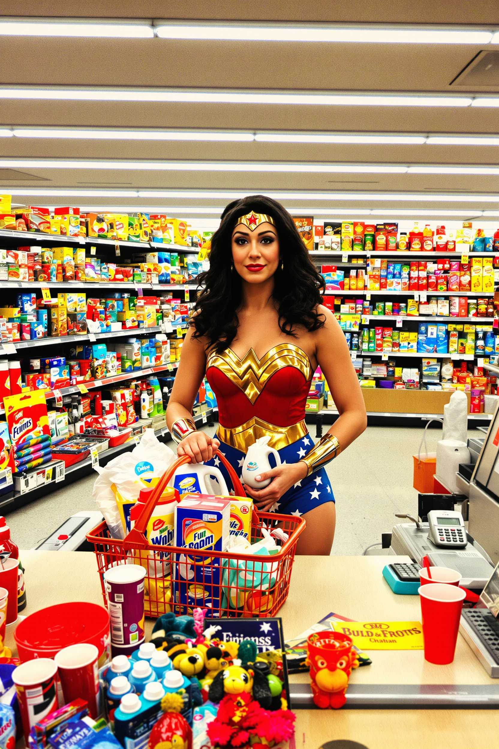 This image is a vibrant and colorful snapshot of a supermarket scene. The art style is reminiscent of a snapshot from the 1970s or 1980s, with a candid and somewhat candid style that captures a moment in time. The medium appears to be a photograph, given the texture and quality of the image.The colors in the image are rich and varied, with a predominance of red, gold, and blue, which are the primary colors of the Wonder Woman costume. The red of the Wonder Woman costume stands out against the muted tones of the supermarkets interior, while the gold accents on the costume add a touch of opulence. The blue of the shorts with white stars gives a sense of patriotism and strength.The objects in the image are numerous and varied. In the foreground, we see the Wonder Woman character, who is holding a shopping basket filled with an assortment of items, including bottles of what appears to be laundry detergent and fabric softener, a box of tissues, and a small red item that could be a toy or a small gift. The baskets handle is orange, which adds a pop of color to the scene.On the checkout counter, there are several items that are not clearly identifiable, but they seem to be everyday grocery items. There are also several red cups with white tops, which could be for beverages or samples. The checkout counter itself is made of a lightcolored material, possibly wood or plastic, and has various items on it, including what appears to be a calculator and a small red item that could be a pen or a stamp.In the background, we see the supermarkets interior, with shelves stocked with an array of products. The shelves are organized in a grid pattern, and the items on them range from canned goods to boxes of cereal, with labels that are not clearly legible. The lighting in the supermarket is bright and fluorescent, casting a cool white glow over the scene.Overall, the image captures a moment of everyday life, juxtaposed with the iconic figure of Wonder Woman, creating a whimsical and nostalgic atmosphere.