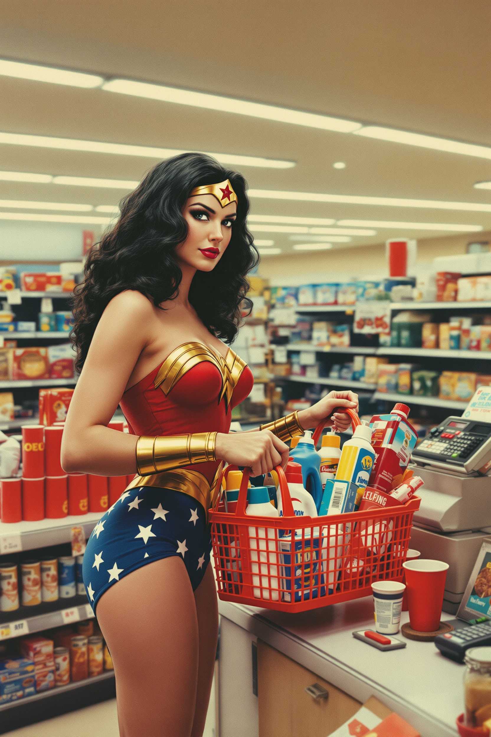 This image is a vibrant and colorful snapshot of a supermarket scene. The art style is reminiscent of a snapshot from the 1970s or 1980s, with a candid and somewhat candid style that captures a moment in time. The medium appears to be a photograph, given the texture and quality of the image.The colors in the image are rich and varied, with a predominance of red, gold, and blue, which are the primary colors of the Wonder Woman costume. The red of the Wonder Woman costume stands out against the muted tones of the supermarkets interior, while the gold accents on the costume add a touch of opulence. The blue of the shorts with white stars gives a sense of patriotism and strength.The objects in the image are numerous and varied. In the foreground, we see the Wonder Woman character, who is holding a shopping basket filled with an assortment of items, including bottles of what appears to be laundry detergent and fabric softener, a box of tissues, and a small red item that could be a toy or a small gift. The baskets handle is orange, which adds a pop of color to the scene.On the checkout counter, there are several items that are not clearly identifiable, but they seem to be everyday grocery items. There are also several red cups with white tops, which could be for beverages or samples. The checkout counter itself is made of a lightcolored material, possibly wood or plastic, and has various items on it, including what appears to be a calculator and a small red item that could be a pen or a stamp.In the background, we see the supermarkets interior, with shelves stocked with an array of products. The shelves are organized in a grid pattern, and the items on them range from canned goods to boxes of cereal, with labels that are not clearly legible. The lighting in the supermarket is bright and fluorescent, casting a cool white glow over the scene.Overall, the image captures a moment of everyday life, juxtaposed with the iconic figure of Wonder Woman, creating a whimsical and nostalgic atmosphere.