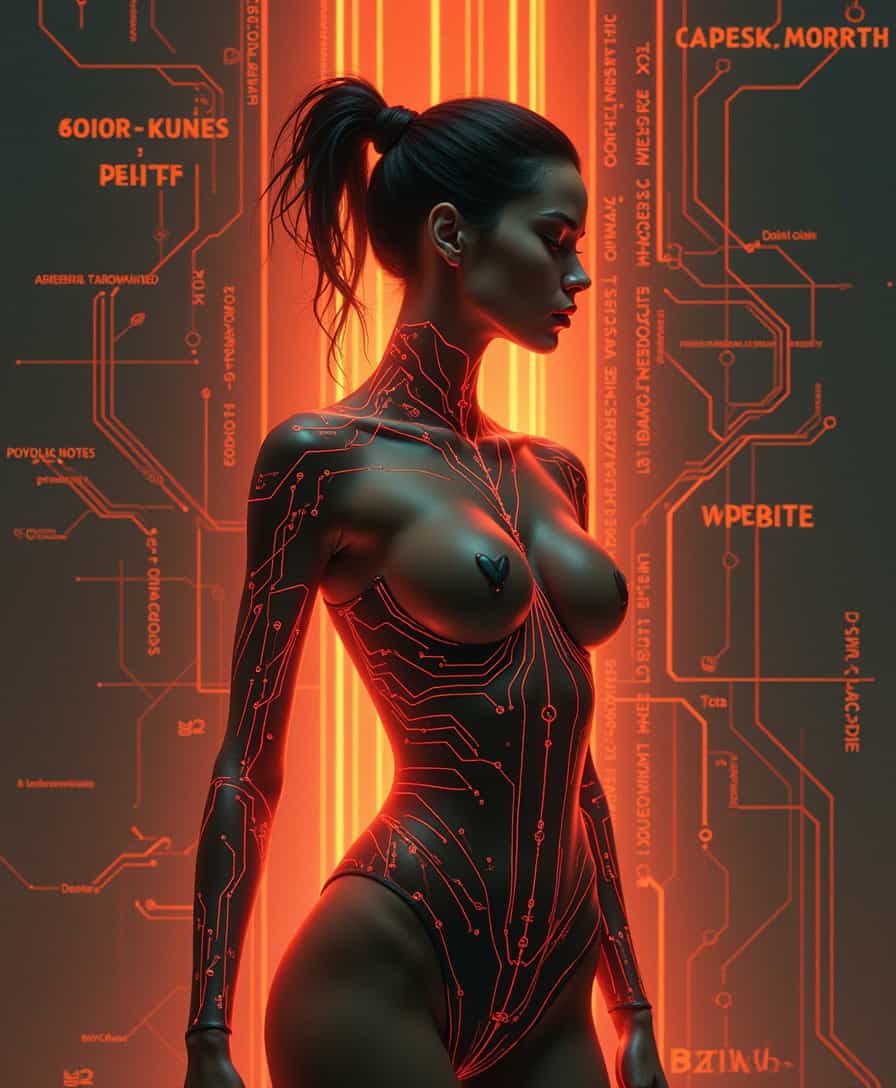 Women. The image is a compelling blend of human and technology, set against a backdrop that suggests a future where the lines between the two are blurred. A cybernetic aesthetic, set against a backdrop that suggests a high tech, futuristic environment. The art style is a blend of realism and digital illustration, with a focus on the interplay of light and shadow to give the image a three dimensional quality. 
The colors are primarily shades of orange and red, with touches of black and white, creating a dramatic and intense atmosphere.
The pose of the figure is confident and slightly turned away from the viewer, giving a sense of mystery and contemplation. The figures skin is smooth and translucent, with circuit like patterns overlaying it, suggesting a fusion of human and technology. The patterns are illuminated, giving the figure a glowing appearance.
The subject of the image is a figure that could be interpreted as a cyborg or a futuristic humanoid. The figures design is sleek and modern, with no discernible facial features, which adds to the enigmatic quality of the artwork. The figures right arm is raised, with fingers spread in a relaxed gesture, while the left arm is bent at the elbow, with the hand resting on the hip.The background is a complex network of digital circuitry and binary code, with glowing lines and shapes that suggest a hightech environment. 
The text in the background is in a futuristic font, with words and phrases that are difficult to decipher, adding to the overall sense of advanced technology and artificial intelligence.