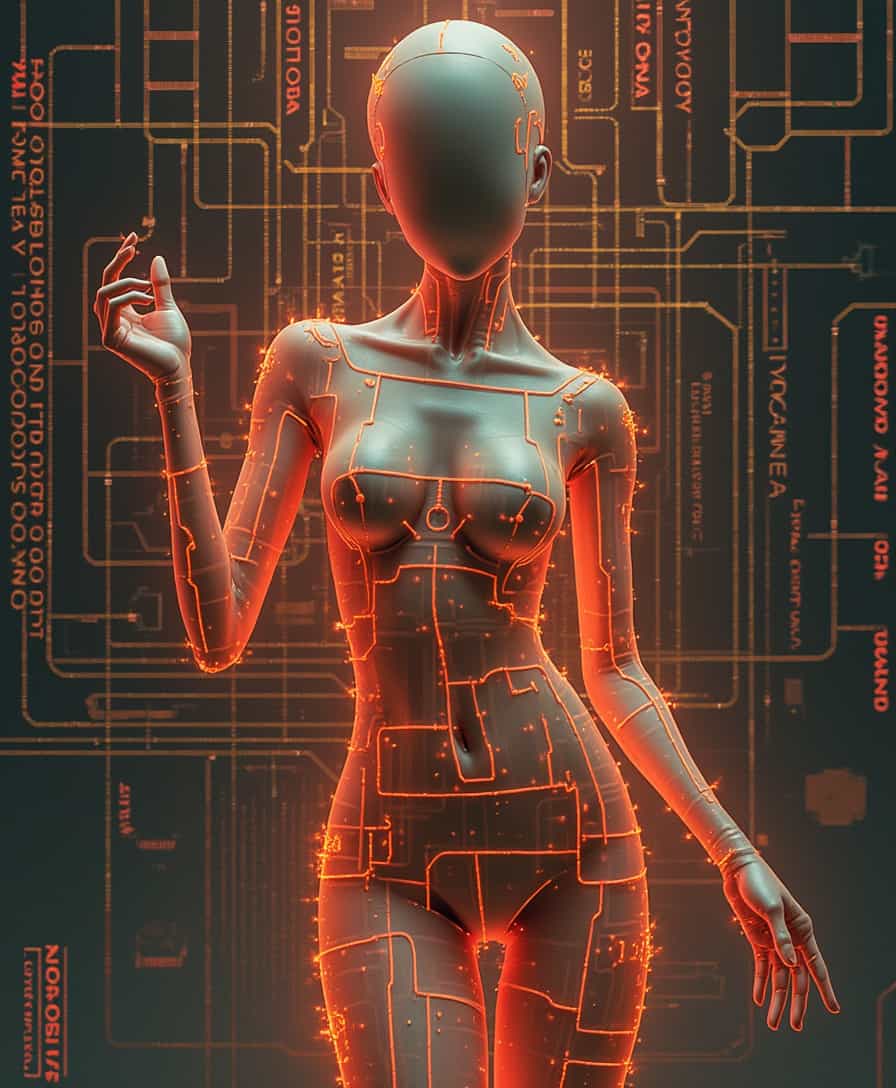 Women. The image is a compelling blend of human and technology, set against a backdrop that suggests a future where the lines between the two are blurred. A cybernetic aesthetic, set against a backdrop that suggests a high tech, futuristic environment. The art style is a blend of realism and digital illustration, with a focus on the interplay of light and shadow to give the image a three dimensional quality. 
The colors are primarily shades of orange and red, with touches of black and white, creating a dramatic and intense atmosphere.
The pose of the figure is confident and slightly turned away from the viewer, giving a sense of mystery and contemplation. The figures skin is smooth and translucent, with circuit like patterns overlaying it, suggesting a fusion of human and technology. The patterns are illuminated, giving the figure a glowing appearance.
The subject of the image is a figure that could be interpreted as a cyborg or a futuristic humanoid. The figures design is sleek and modern, with no discernible facial features, which adds to the enigmatic quality of the artwork. The figures right arm is raised, with fingers spread in a relaxed gesture, while the left arm is bent at the elbow, with the hand resting on the hip.The background is a complex network of digital circuitry and binary code, with glowing lines and shapes that suggest a hightech environment. 
The text in the background is in a futuristic font, with words and phrases that are difficult to decipher, adding to the overall sense of advanced technology and artificial intelligence.