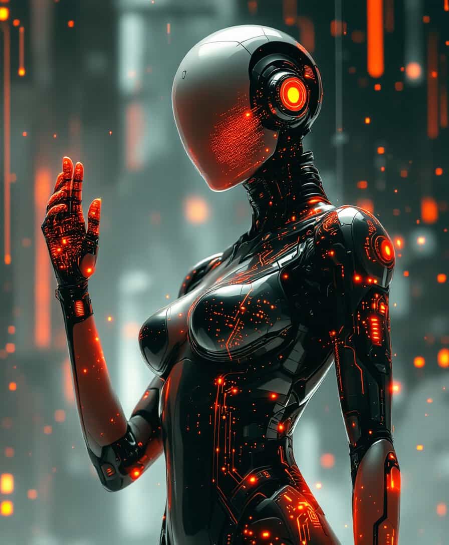 Women. The image is a compelling blend of human and technology, set against a backdrop that suggests a future where the lines between the two are blurred. A cybernetic aesthetic, set against a backdrop that suggests a high tech, futuristic environment. The art style is a blend of realism and digital illustration, with a focus on the interplay of light and shadow to give the image a three dimensional quality. 
The colors are primarily shades of orange and red, with touches of black and white, creating a dramatic and intense atmosphere.
The pose of the figure is confident and slightly turned away from the viewer, giving a sense of mystery and contemplation. The figures skin is smooth and translucent, with circuit like patterns overlaying it, suggesting a fusion of human and technology. The patterns are illuminated, giving the figure a glowing appearance.
The subject of the image is a figure that could be interpreted as a cyborg or a futuristic humanoid. The figures design is sleek and modern, with no discernible facial features, which adds to the enigmatic quality of the artwork. The figures right arm is raised, with fingers spread in a relaxed gesture, while the left arm is bent at the elbow, with the hand resting on the hip.The background is a complex network of digital circuitry and binary code, with glowing lines and shapes that suggest a hightech environment. 
The text in the background is in a futuristic font, with words and phrases that are difficult to decipher, adding to the overall sense of advanced technology and artificial intelligence.