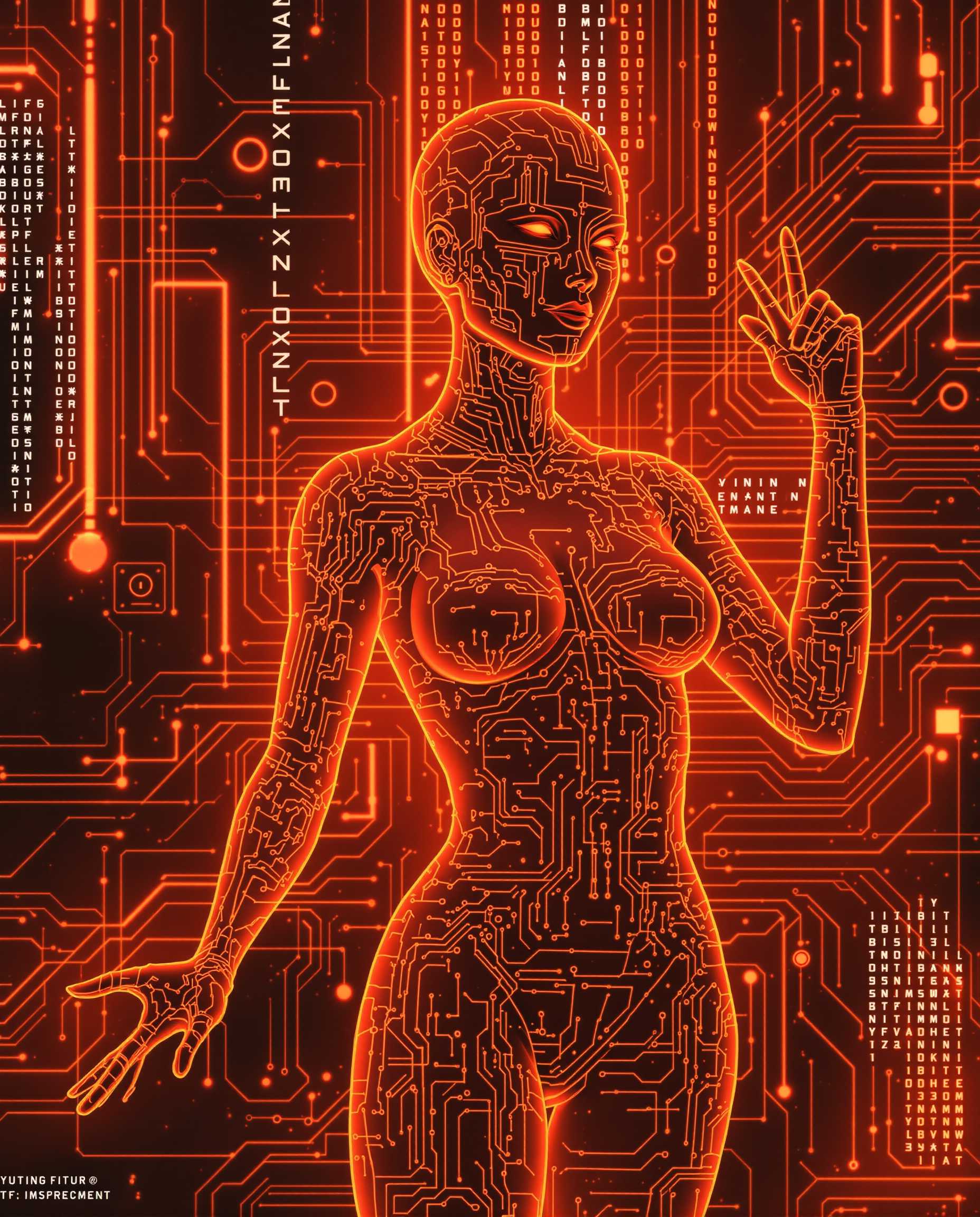 Women. The image is a compelling blend of human and technology, set against a backdrop that suggests a future where the lines between the two are blurred. A cybernetic aesthetic, set against a backdrop that suggests a high tech, futuristic environment. The art style is a blend of realism and digital illustration, with a focus on the interplay of light and shadow to give the image a three dimensional quality. 
The colors are primarily shades of orange and red, with touches of black and white, creating a dramatic and intense atmosphere.
The pose of the figure is confident and slightly turned away from the viewer, giving a sense of mystery and contemplation. The figures skin is smooth and translucent, with circuit like patterns overlaying it, suggesting a fusion of human and technology. The patterns are illuminated, giving the figure a glowing appearance.
The subject of the image is a figure that could be interpreted as a cyborg or a futuristic humanoid. The figures design is sleek and modern, with no discernible facial features, which adds to the enigmatic quality of the artwork. The figures right arm is raised, with fingers spread in a relaxed gesture, while the left arm is bent at the elbow, with the hand resting on the hip.The background is a complex network of digital circuitry and binary code, with glowing lines and shapes that suggest a hightech environment. 
The text in the background is in a futuristic font, with words and phrases that are difficult to decipher, adding to the overall sense of advanced technology and artificial intelligence.