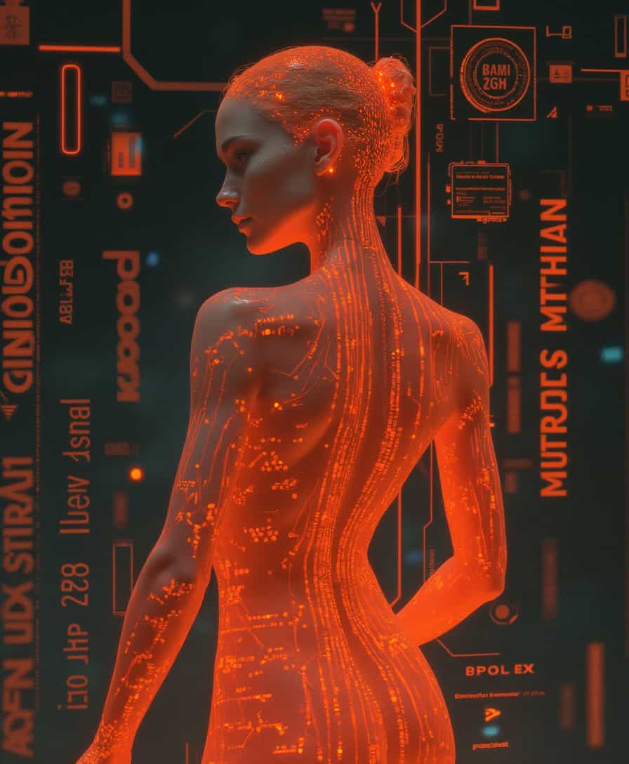Women. The image is a compelling blend of human and technology, set against a backdrop that suggests a future where the lines between the two are blurred. A cybernetic aesthetic, set against a backdrop that suggests a high tech, futuristic environment. The art style is a blend of realism and digital illustration, with a focus on the interplay of light and shadow to give the image a three dimensional quality. 
The colors are primarily shades of orange and red, with touches of black and white, creating a dramatic and intense atmosphere.
The pose of the figure is confident and slightly turned away from the viewer, giving a sense of mystery and contemplation. The figures skin is smooth and translucent, with circuit like patterns overlaying it, suggesting a fusion of human and technology. The patterns are illuminated, giving the figure a glowing appearance.
The subject of the image is a figure that could be interpreted as a cyborg or a futuristic humanoid. The figures design is sleek and modern, with no discernible facial features, which adds to the enigmatic quality of the artwork. The figures right arm is raised, with fingers spread in a relaxed gesture, while the left arm is bent at the elbow, with the hand resting on the hip.The background is a complex network of digital circuitry and binary code, with glowing lines and shapes that suggest a hightech environment. 
The text in the background is in a futuristic font, with words and phrases that are difficult to decipher, adding to the overall sense of advanced technology and artificial intelligence.