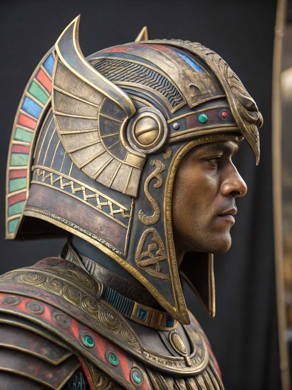 Jaffa Guard inspired by the science fiction universe of the TV series Stargate SG-1. Close-up of his metallic helmet in the image of the Egyptian god Horus, with intricate and colorful details. Ornate and detailed illustration, octane rendering. Yannick Dubeau style, Kinonato Chong trend on artstation.