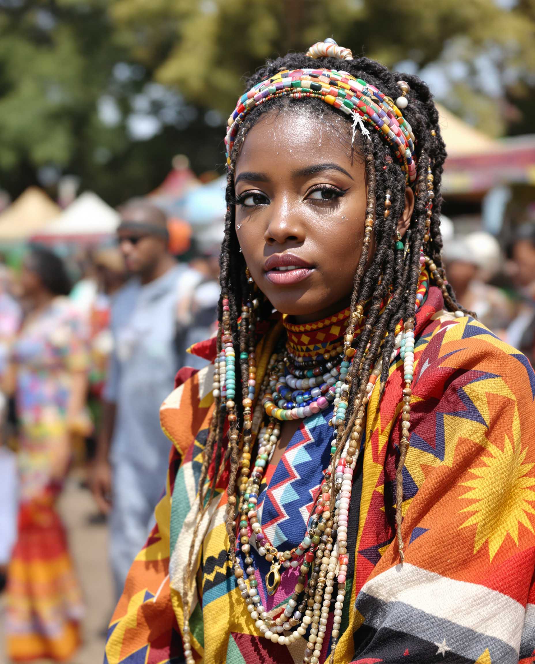 A photo realistic image of a south african hippy girl from the 1960s, showing her head and shoulders. She is wearing an afghan coat and has beads, wild make-up, heavy eye liner and mascara and hair with thin plaits and beads woven in. The image is evocative of the time and brings with it the vibe of love and peace. She is at an outdoor festival which you can see in the blurred background, other hippies milling about.	The image should look like a  real person, not an illustration