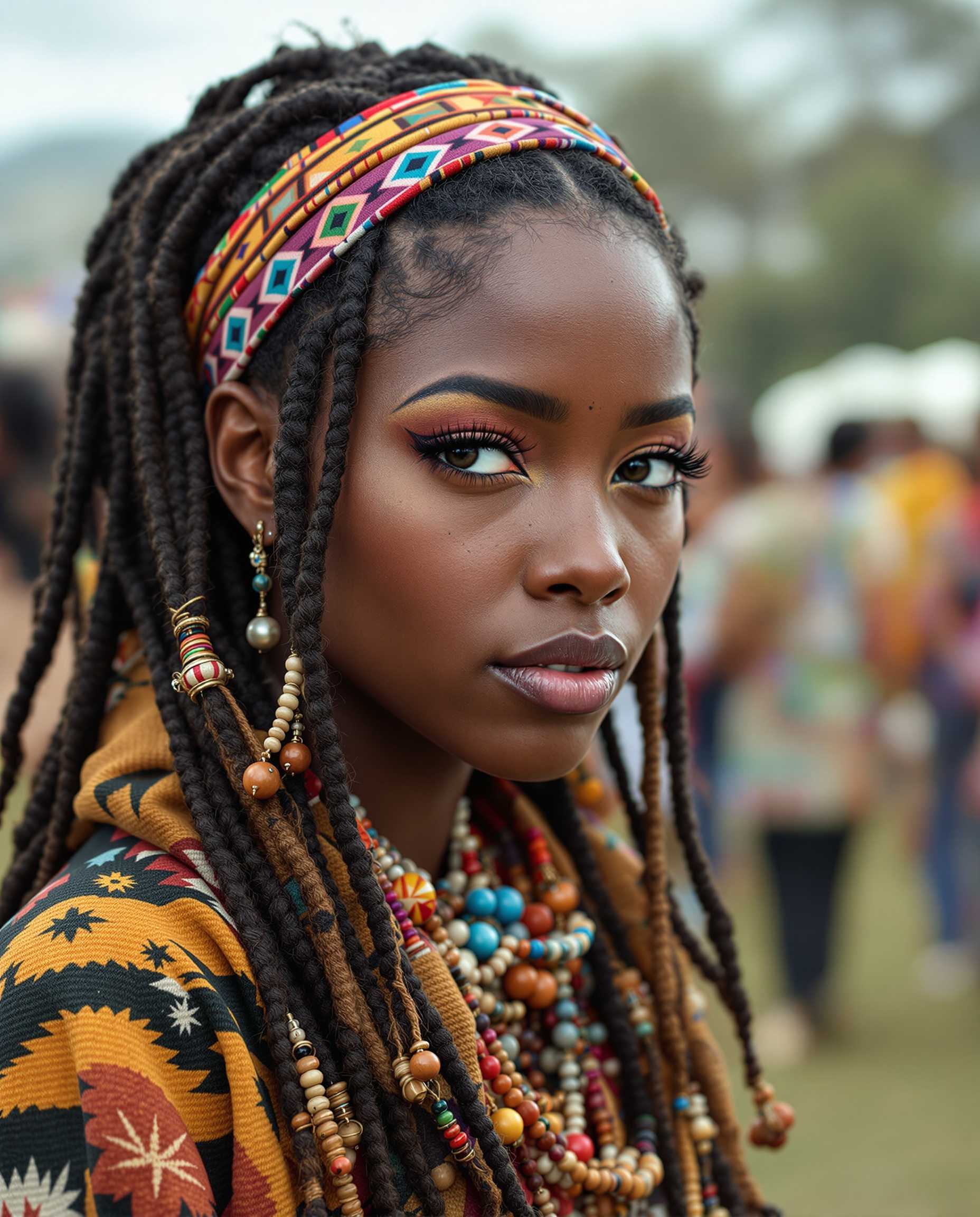 A photo realistic image of a south african hippy girl from the 1960s, showing her head and shoulders. She is wearing an afghan coat and has beads, wild make-up, heavy eye liner and mascara and hair with thin plaits and beads woven in. The image is evocative of the time and brings with it the vibe of love and peace. She is at an outdoor festival which you can see in the blurred background, other hippies milling about.	The image should look like a  real person, not an illustration