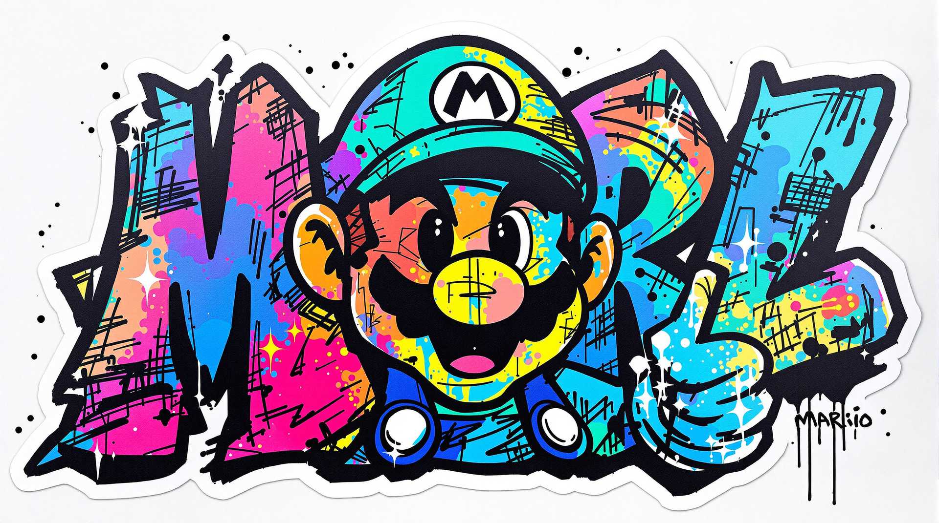 a sticker of MARIO,graffiti art style,