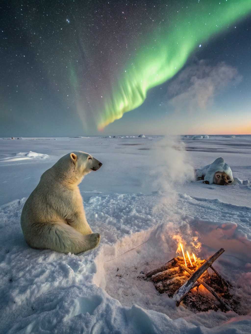 imagine a meditating, sitting isbear as Auroralumina on a white snow and ice landcape background with aurora light on the evenig sky,  har have a little fire in front of him, but you hardly see any wood or fire is it have melted into the ground and must a little smoke comes up of the hole. The scene is slightly surrealistic. The Auroralumina Technique is a fantastical method of painting and finishing porcelain, creating pieces that glow and shimmer like the aurora borealis and starry night sky. It involves three stages: applying a phosphorescent base layer for a soft glow in the dark, adding a spectrum of iridescent paints that refract light to mimic the northern lights, and finishing with a celestial glaze containing meteorite dust, giving a subtle sparkle reminiscent of stars. This technique results in porcelain objects that display a dynamic interplay of light and color. In daylight, they shimmer with spectral hues, and in low light, they radiate a luminescent beauty, making them both visually stunning and enchanting. The Auroralumina Technique elevates porcelain art, combining traditional craftsmanship with a magical, luminescent quality that transforms everyday objects into mesmerizing works of art. Photo realistic, HDR, Cinematic Film Rendering,