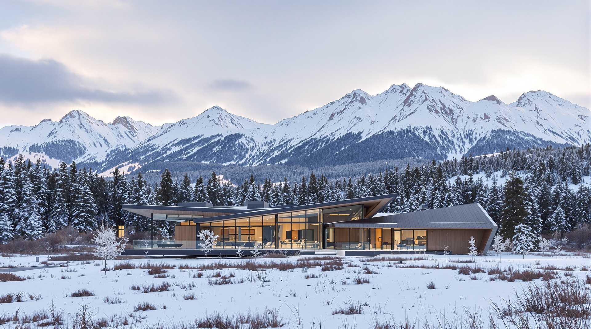 Modern house in the countryside, a futuristic design seamlessly blending with the natural landscape. Surrounded by a lush forest, the structure reflects innovative architecture while maintaining harmony with its environment. In the distance, majestic mountains rise, their peaks dusted with snow, creating a stunning backdrop for this winter scene. The farmhouse aesthetic is preserved, with warm wooden elements that invite comfort amidst the chill of winter's embrace. Nature thrives all around, as the serene landscape showcases the beauty of the season, making this a truly idyllic retreat.