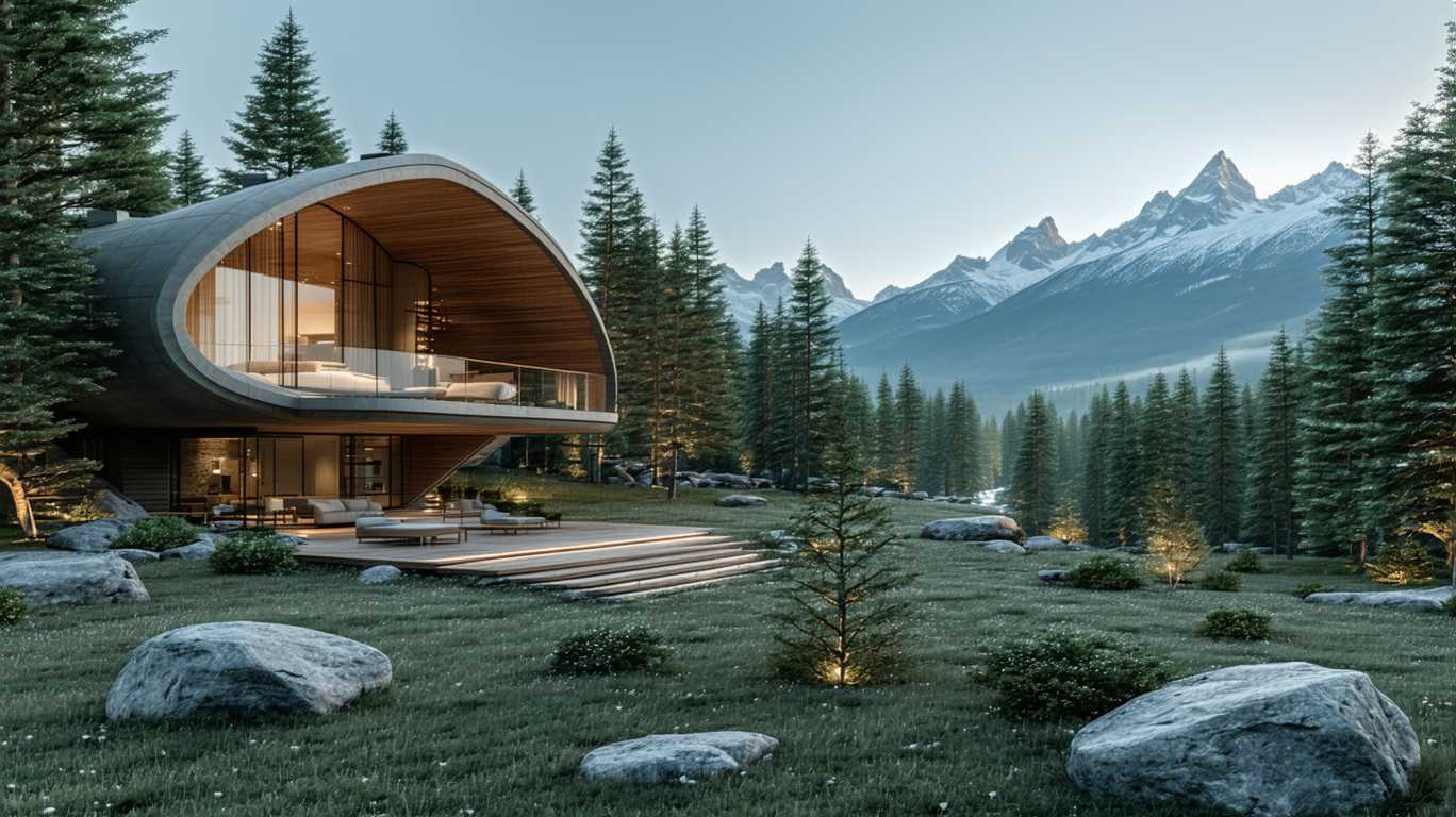 Modern house in the countryside, a futuristic design seamlessly blending with the natural landscape. Surrounded by a lush forest, the structure reflects innovative architecture while maintaining harmony with its environment. In the distance, majestic mountains rise, their peaks dusted with snow, creating a stunning backdrop for this winter scene. The farmhouse aesthetic is preserved, with warm wooden elements that invite comfort amidst the chill of winter's embrace. Nature thrives all around, as the serene landscape showcases the beauty of the season, making this a truly idyllic retreat.