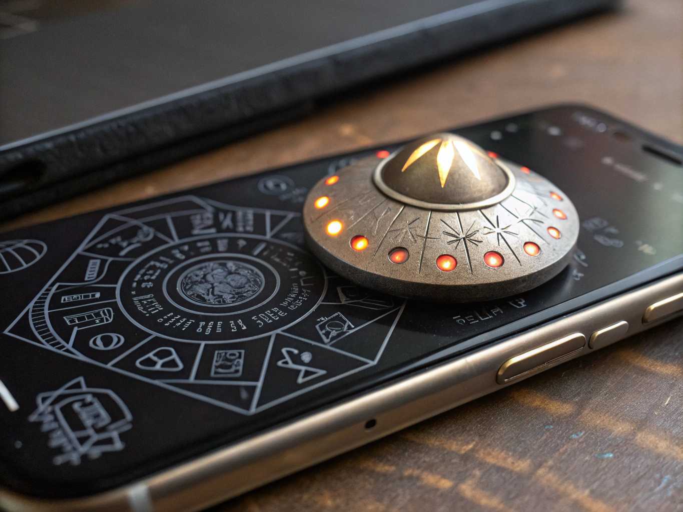 Phone mobole. A tiny mysterious alien object with intricate, glowing symbols and codes carved into its surface, radiating a faint, otherworldly light. The object has a smooth yet metallic texture, with sharp edges and an irregular, asymmetrical design that suggests advanced alien craftsmanship. The glowing codes pulse in shifting colors—shades of  light beige, darg gray, black. Make it in the same style that the refference image