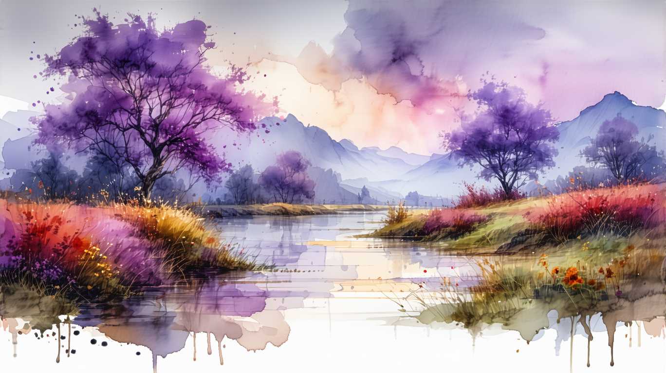 watercolor style, beautiful detailed european nature landscape, strong winds, gloomy day, watercolor style, warm tones, purple, pink, red, detailed