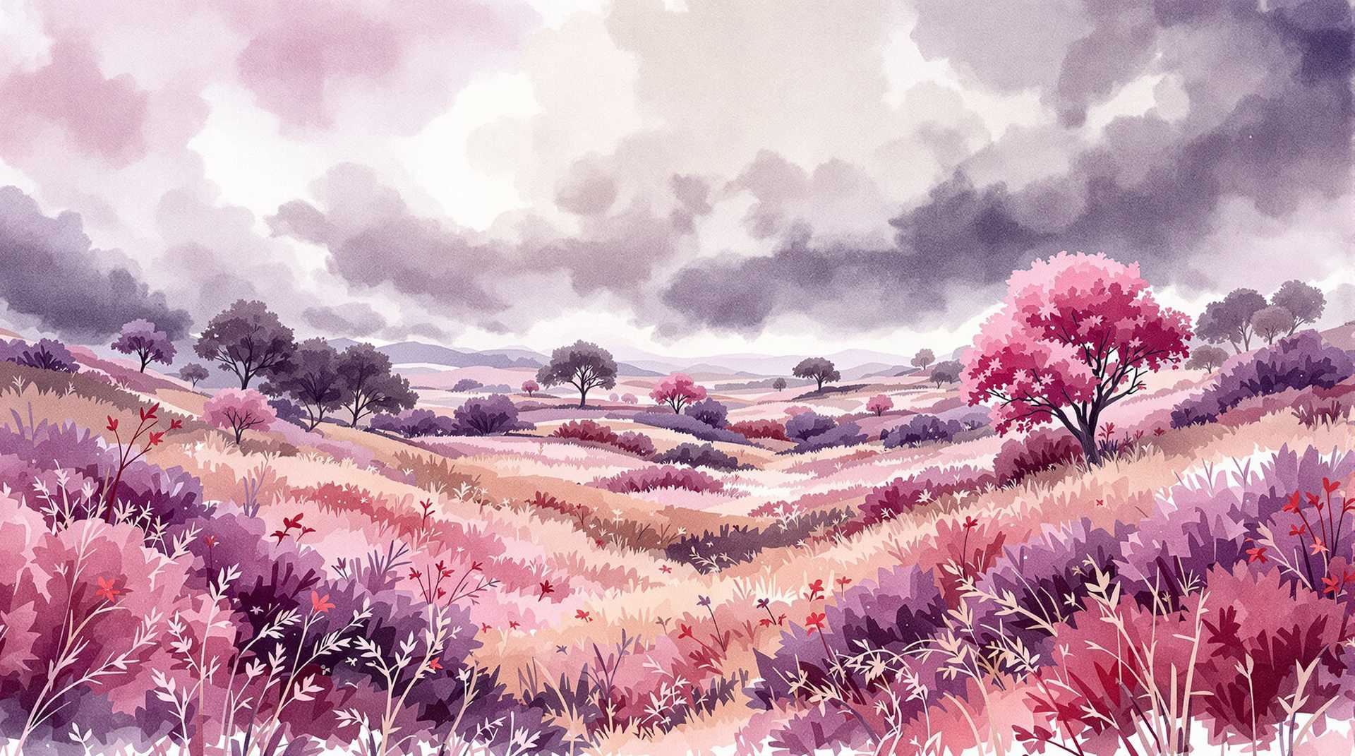 watercolor style, beautiful detailed european nature landscape, strong winds, gloomy day, watercolor style, warm tones, purple, pink, red, detailed