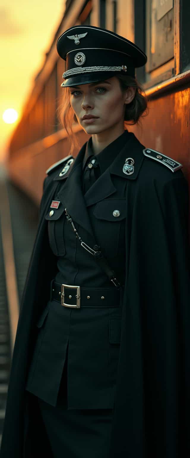 beautiful Nordic female, German WW2 officer, wearing a black German uniform skirt, hat with skull insignia, black cloak, posing by a post apocalypse railroad train, vintage yellow lighting, portrait, close up photo, vampire, creepy 
