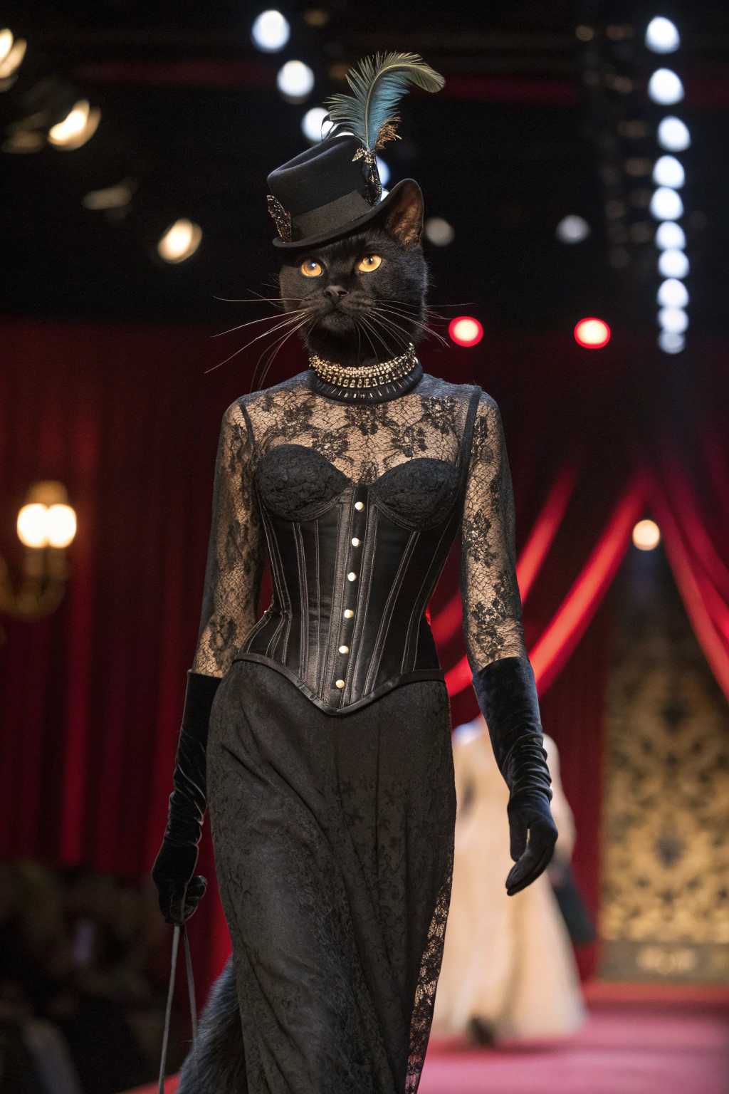An anthropomorphic black cat on a fashion runway, wearing a high-neck lace dress with a corset-style bodice, velvet gloves, and a very tiny top hat with feathers. The cat is elegantly posed, with a jeweled cuff on its tail, in a setting with warm, vintage lighting and a luxurious red curtain backdrop.
