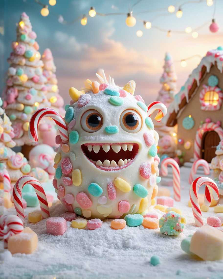 A whimsical scene filled with festive cheer, featuring a cute monster made entirely of candy, predominantly white chocolate. The monster has large, expressive eyes made of shiny gumdrops and a toothy grin crafted from colorful jelly beans. Its body is plump and fluffy, resembling a marshmallow, with arms and legs formed from twisted licorice. Surrounding the monster is a vibrant landscape of sugary delights, including peppermint trees adorned with sparkling sugar crystals and a snow-like blanket of powdered sugar covering the ground. In the background, candy canes arch playfully, and a gingerbread house with icing details adds to the holiday charm. The sky is a soft pastel hue, suggesting a magical winter sunset, while twinkling fairy lights hang overhead, casting a warm, inviting glow. The overall composition is playful and dynamic, with the monster slightly off-center to create a sense of movement. The perspective is slightly elevated, allowing for a view of the candy landscape and emphasizing the adorable nature of the monster. The lighting is soft and diffused, enhancing the sweetness of the scene and highlighting the glossy textures of the candy materials. Keywords: whimsical, festive, cute monster, candy landscape, white chocolate, vibrant colors, playful composition, soft lighting, elevated perspective, magical atmosphere.