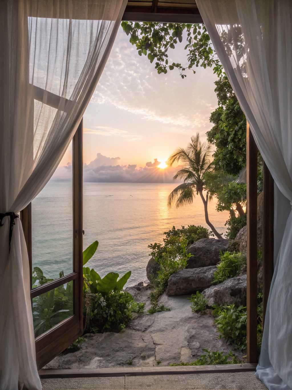 A serene ocean sunrise viewed through a large window framed by sheer white linen curtains and a solid wood frame. Lush tropical plants and trees rise from rocky terrain, framing the view. The open center reveals a gently rippling sea stretching to a radiant horizon. Soft orange and golden hues illuminate the water, while the sky transitions from pink and coral to lavender and blue, blending seamlessly into the peaceful sky. The composition emphasizes depth and tranquility, with natural elements guiding the focus toward the infinite horizon