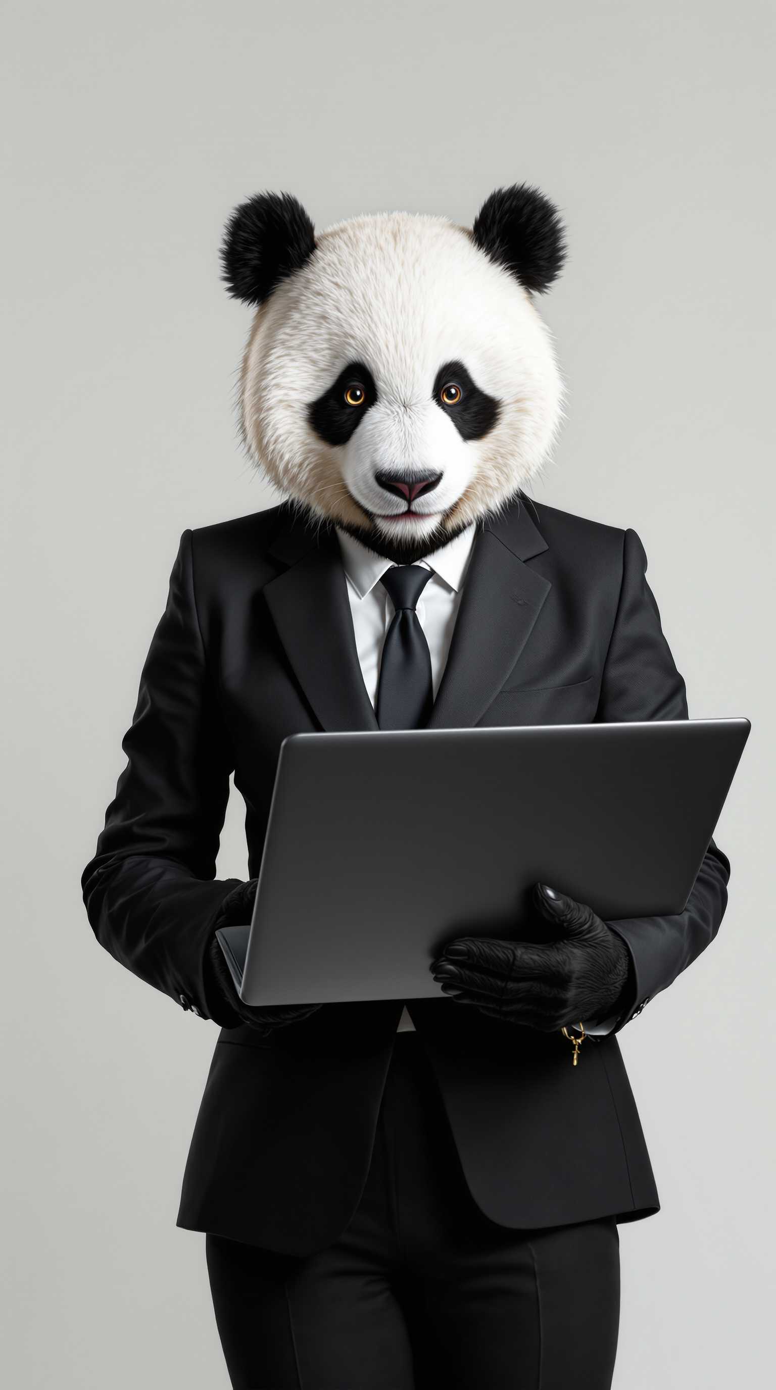 a photo manipulation of a female panda wearing a business women suit holding a laptop 