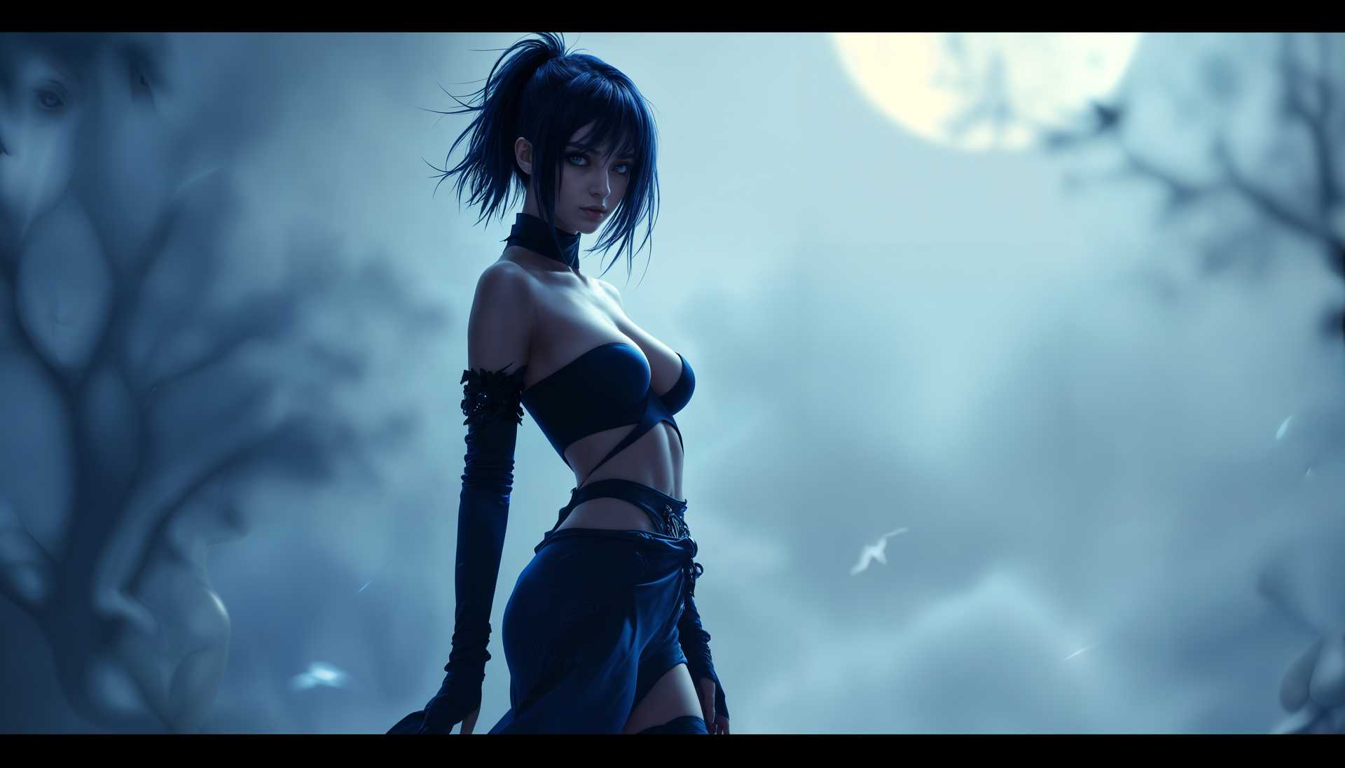 masterpiece, best quality, highres, sharp image, more detail, masterpiece, best quality, highres, sharp image, more detail, A striking female ninja stands confidently in an asymmetrical short hairstyle, her dark blue hair cascading stylishly to one side. She is dressed in a seductive dark blue outfit that accentuates her curves, featuring intricate patterns and textures that catch the light. The outfit’s fabric appears silky and supple, enhancing her allure with subtle glints as she moves. 

She stands in a dynamic pose, with her body slightly turned to reveal her athletic physique and the design of her attire, while her piercing gaze conveys strength and determination. The background is set in a misty night scene illuminated by soft moonlight, creating a mysterious atmosphere. Shadows play across her figure, adding depth and contrast to the overall image. 

The composition is tightly framed to focus on the ninja, with a low camera angle that emphasizes her power and femininity. The mood is tense yet alluring, blending the essence of stealth with a hint of seduction, reminiscent of a modern fantasy art style infused with elements of anime and digital illustration.