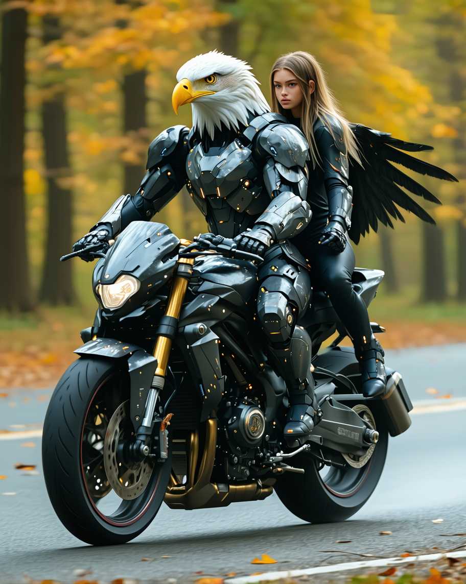 humanoid eagle riding superbike and young woman sits on the back seat, 8k, photorealistic