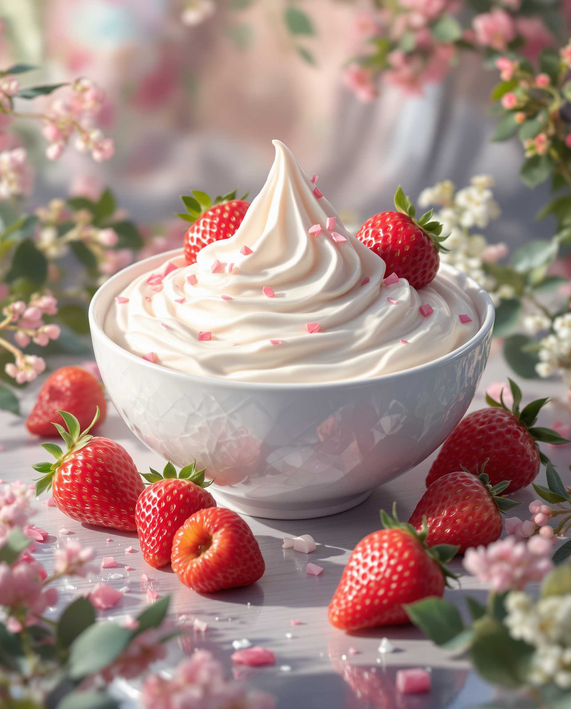 The image captures a whimsical scene featuring a luscious bowl of strawberry yogurt, elegantly presented amidst a dreamy, fantasy landscape. The yogurt is depicted with fluid brushstrokes, showcasing its creamy texture and vibrant red strawberries that seem to glisten with freshness. Volumetric lighting bathes the composition, creating a soft, ethereal glow that enhances the appetizing qualities of the yogurt, while casting gentle shadows that add depth. The retro oil painting style infuses the artwork with a nostalgic charm, reminiscent of classic illustrations, while the fluidity of the elements adds a sense of motion and life. The framing draws the viewer's eye towards the yogurt, inviting them to indulge in its delightful allure, set against a backdrop of whimsical flora and soft pastel hues that further elevate the fantasy cinematic theme.