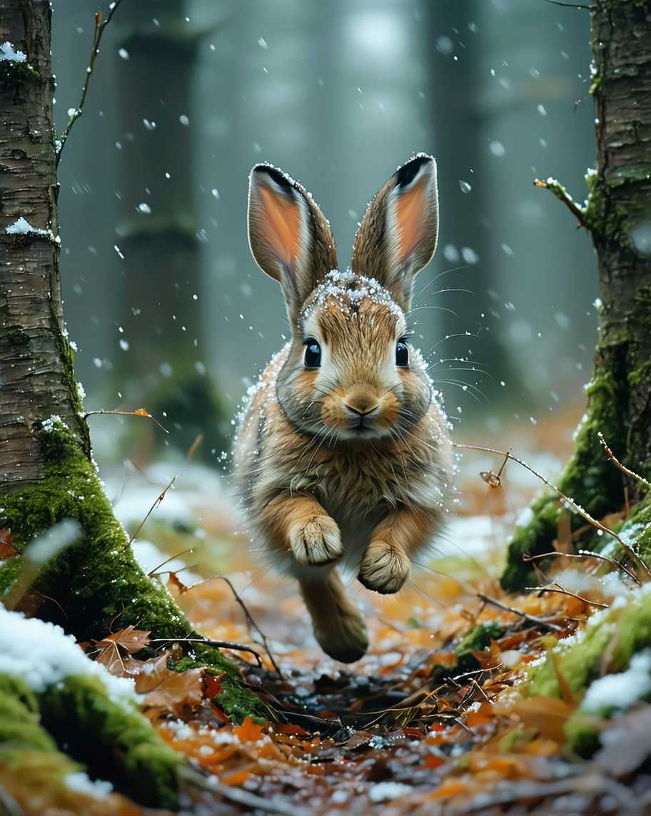 create image of little baby hare running arround high detailed winter forest